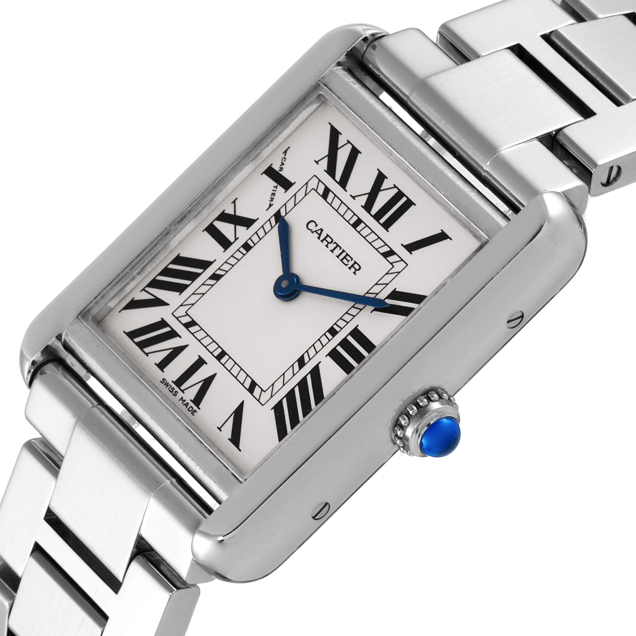 The image shows a Cartier Tank Solo W5200013 Women
s Stainless Steel Silver Dial W5200013 Women
s Stainless Steel Silver Dial watch at an angle displaying its rectangular face, Roman numeral markers, blue hands, and a silver bracelet.