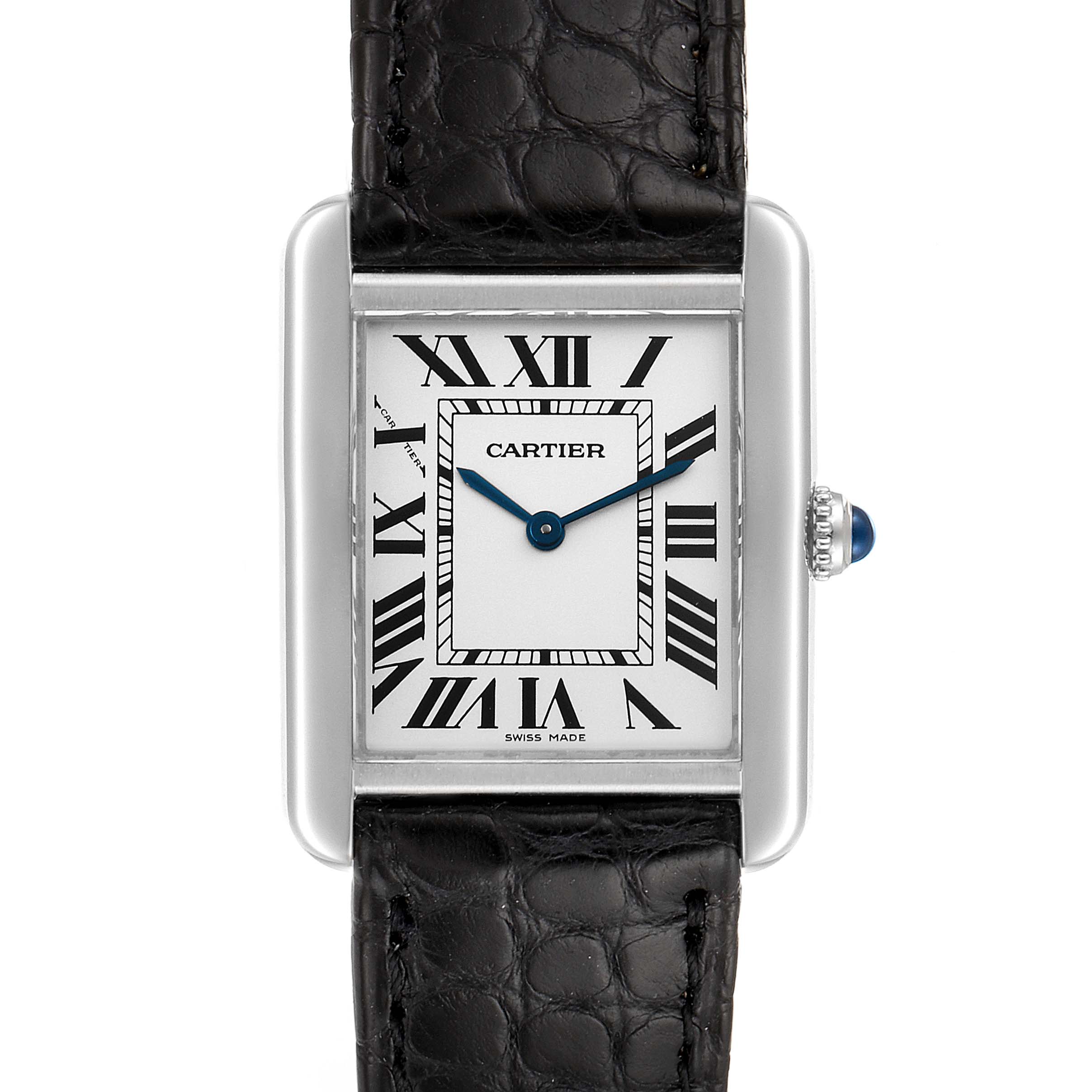 The Cartier Tank Solo W1018255 Women
s Stainless Steel Silver Dial W1018255 Women
s Stainless Steel Silver Dial watch is shown from a front angle, highlighting the face, Roman numerals, and leather strap.