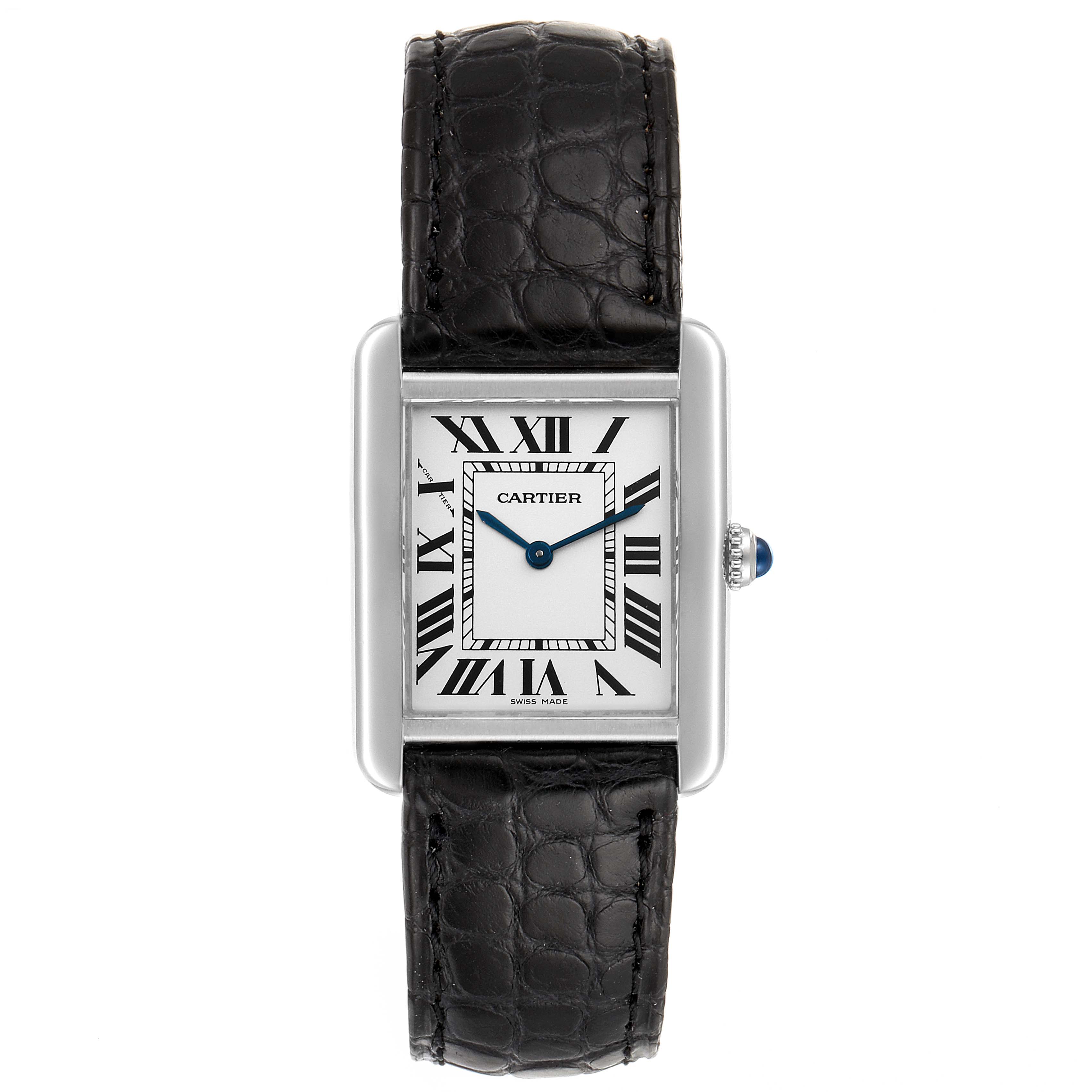 This image shows a front view of the Tank Solo model watch by Cartier, highlighting its rectangular dial and black leather strap.
