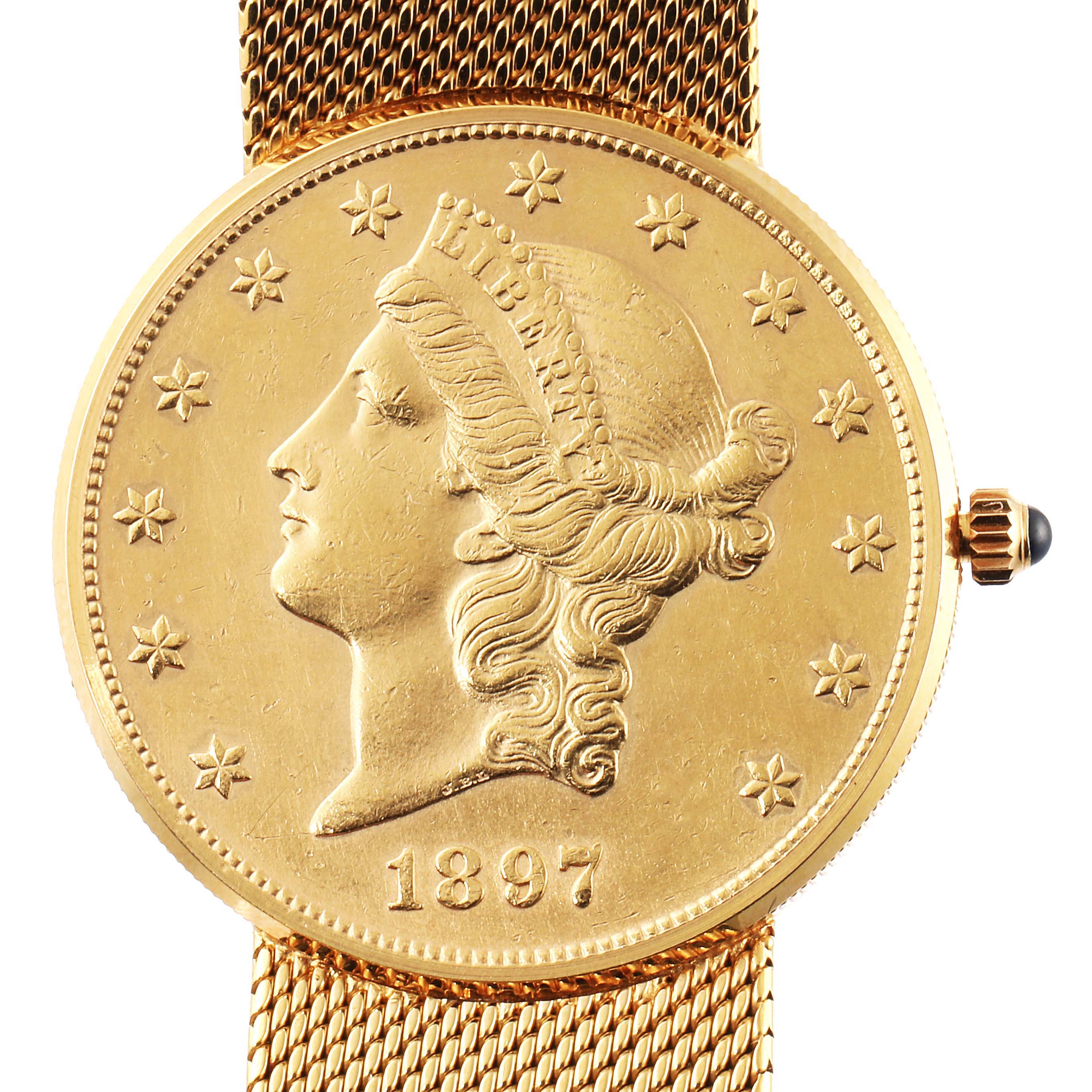 The image shows a close-up view of a Corum Coin Watch 1897 Men's Yellow Gold Black Dial 1897 Men's Yellow Gold Black Dial model, highlighting the coin face and side crown.
