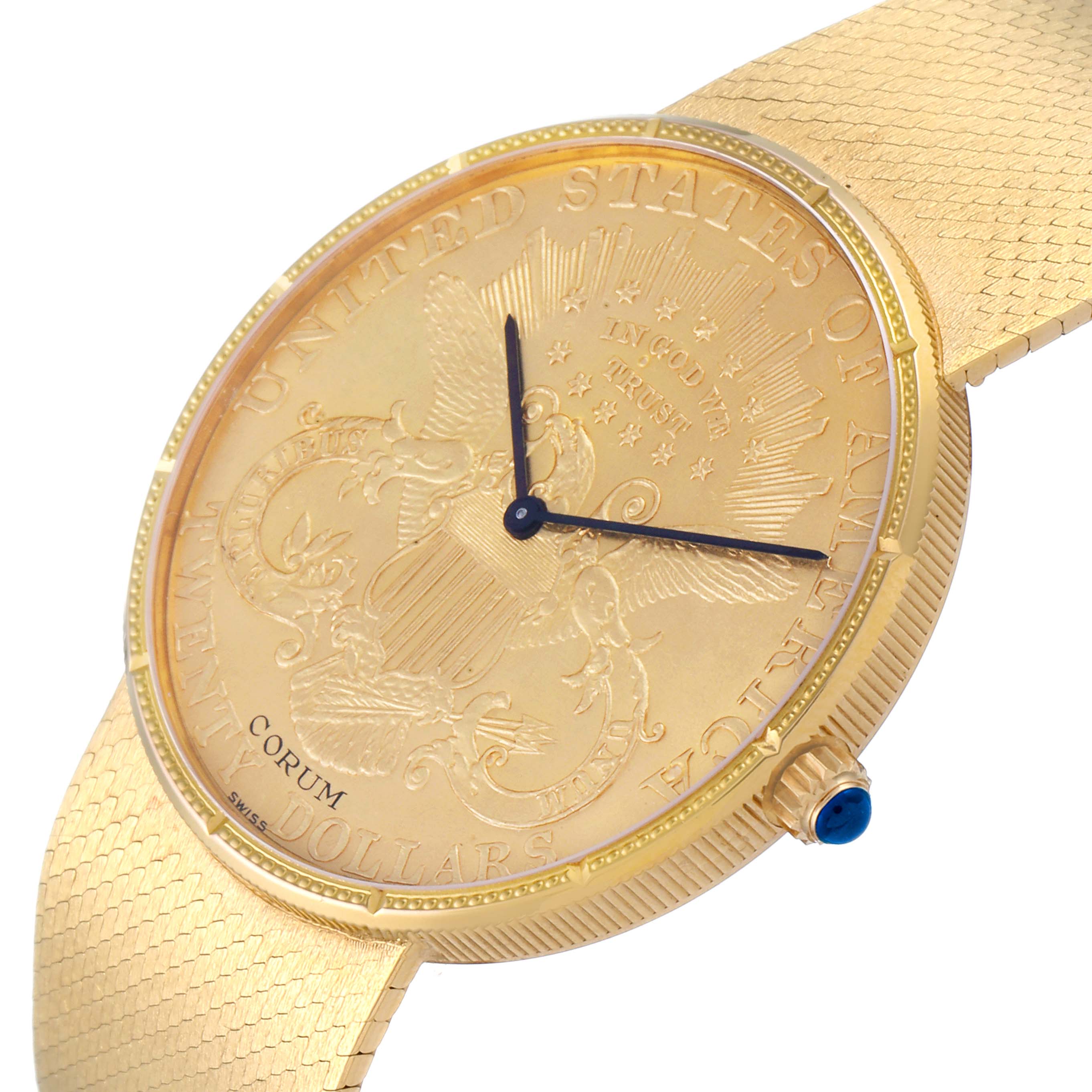 The image shows a close-up angle of the Corum Coin Watch 1897 Men's Yellow Gold Black Dial 1897 Men's Yellow Gold Black Dial model, highlighting its gold face, and textured gold strap.