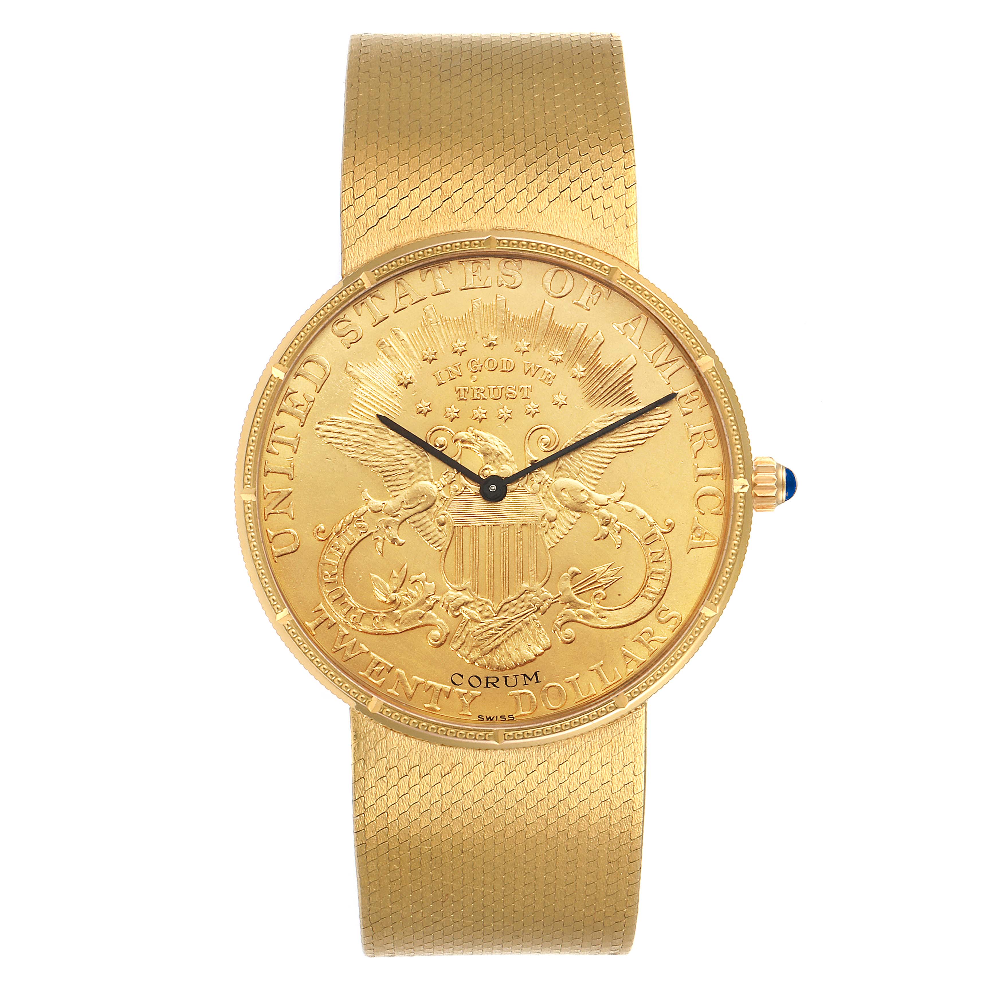 The Corum Coin Watch 1897 Men's Yellow Gold Black Dial 1897 Men's Yellow Gold Black Dial model is shown from a straight-on angle, highlighting the engraved dial and gold bracelet.