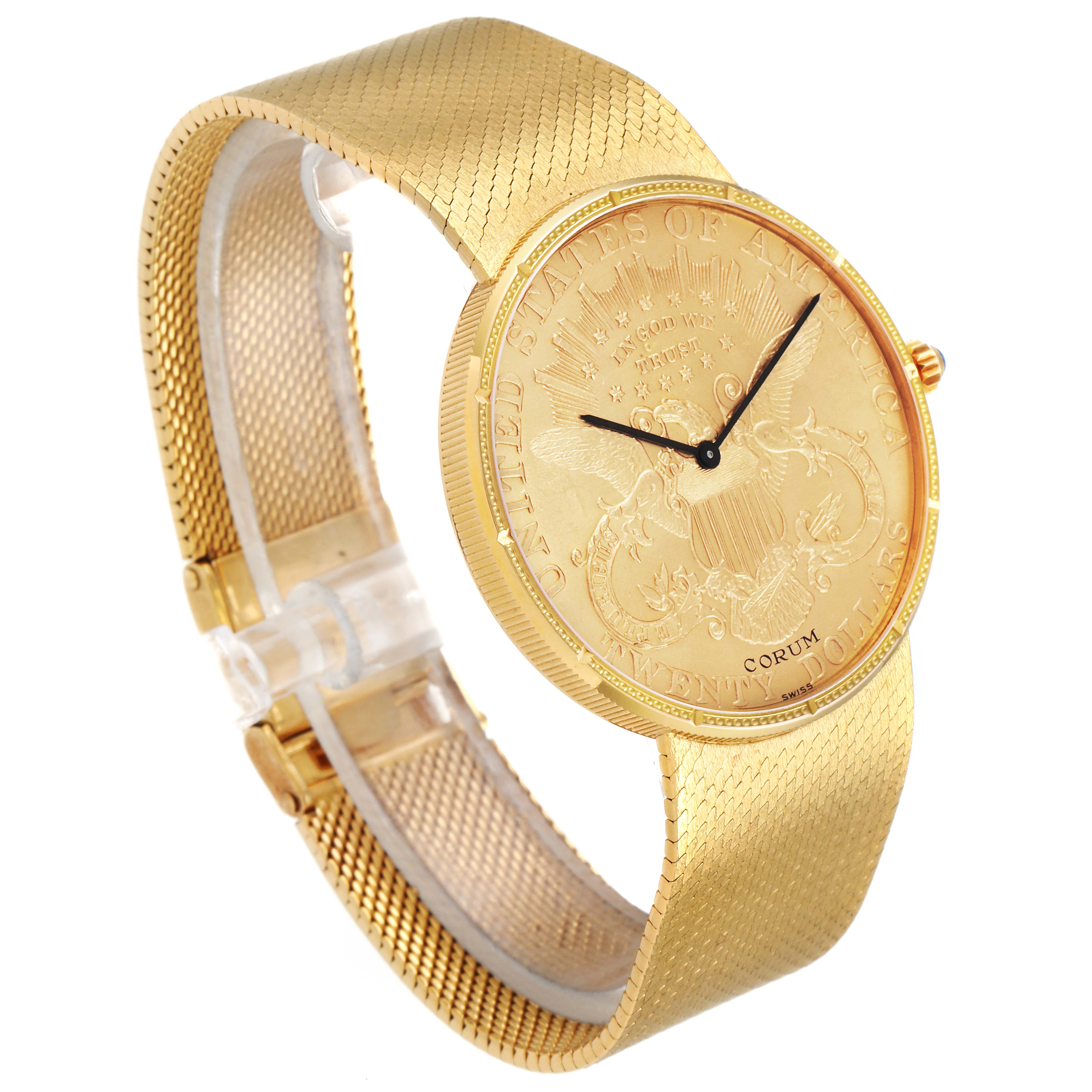 This Corum Coin Watch 1897 Men's Yellow Gold Black Dial 1897 Men's Yellow Gold Black Dial model is shown at a three-quarter angle, displaying the textured gold-tone dial, case, and mesh bracelet.