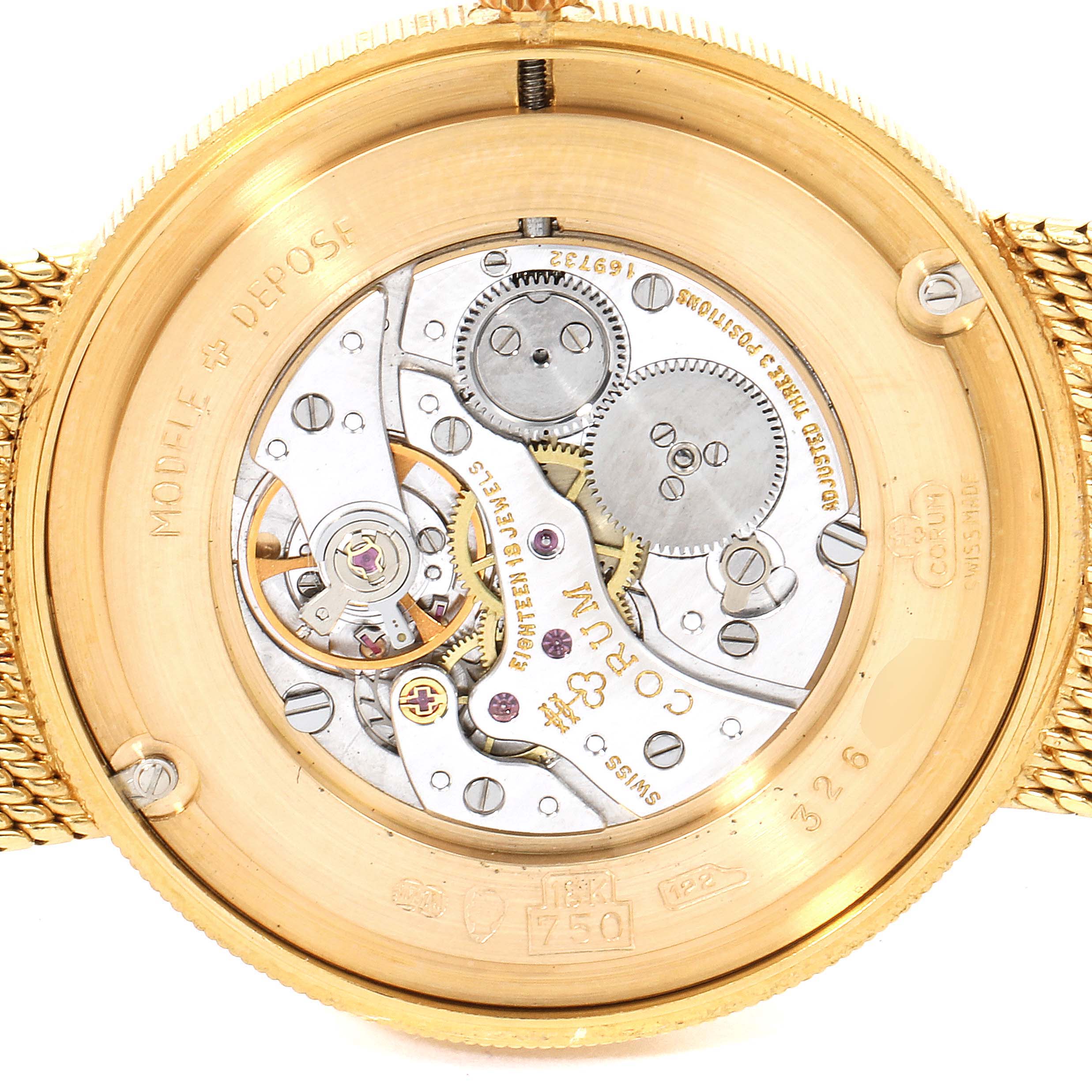 The image shows the back view of the movement and inner workings of the Corum Coin Watch 1897 Men's Yellow Gold Black Dial 1897 Men's Yellow Gold Black Dial model.