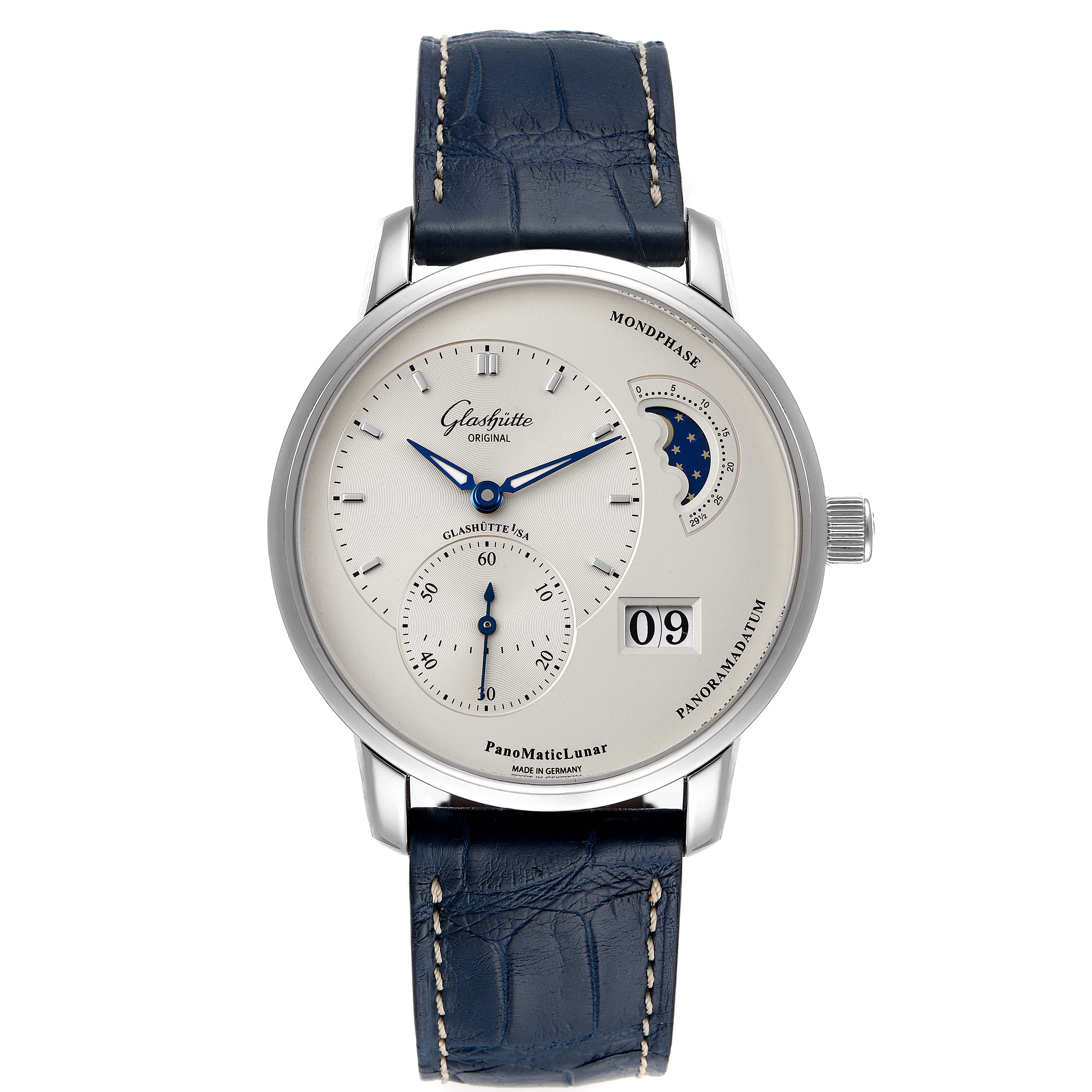 The image shows a front view of a Glashütte PanoMaticLunar watch, including the dial, moonphase indicator, date display, and blue leather strap.