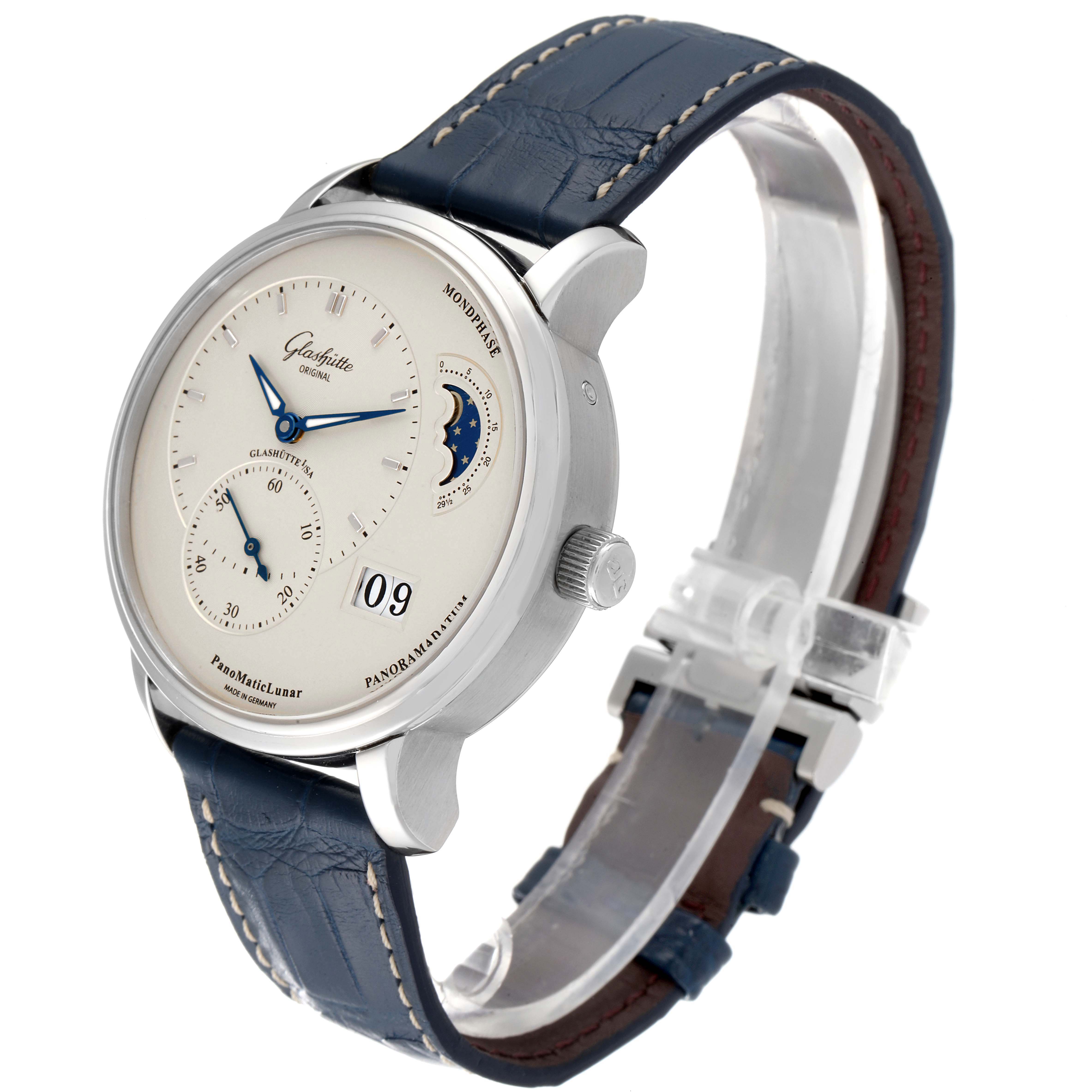 This Glashütte Pano model watch is shown from a three-quarter angle, highlighting its dial, crown, and leather strap.