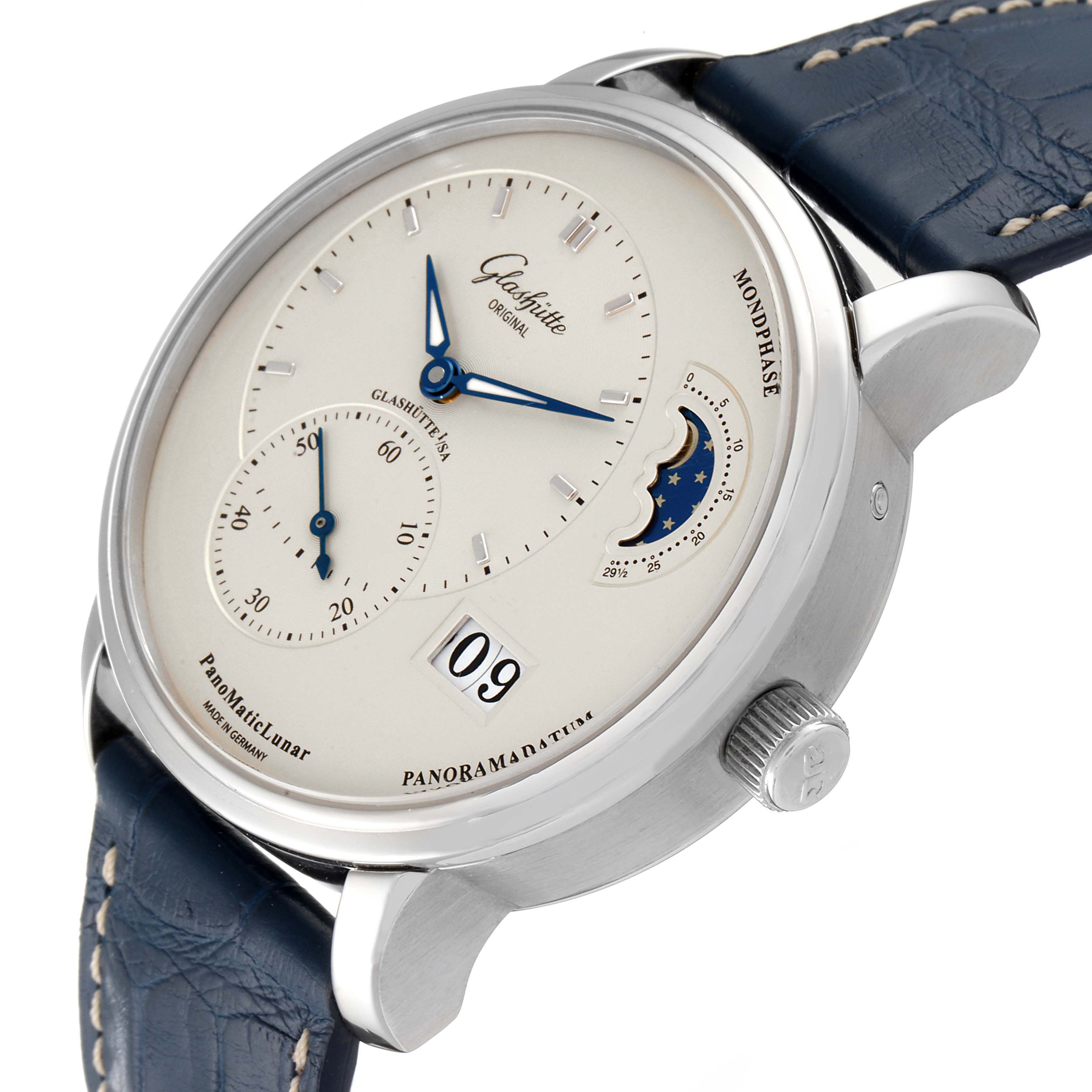 The image shows a Glashütte Pano model watch at a 45-degree angle, highlighting its face, dial, crown, moonphase, and strap.