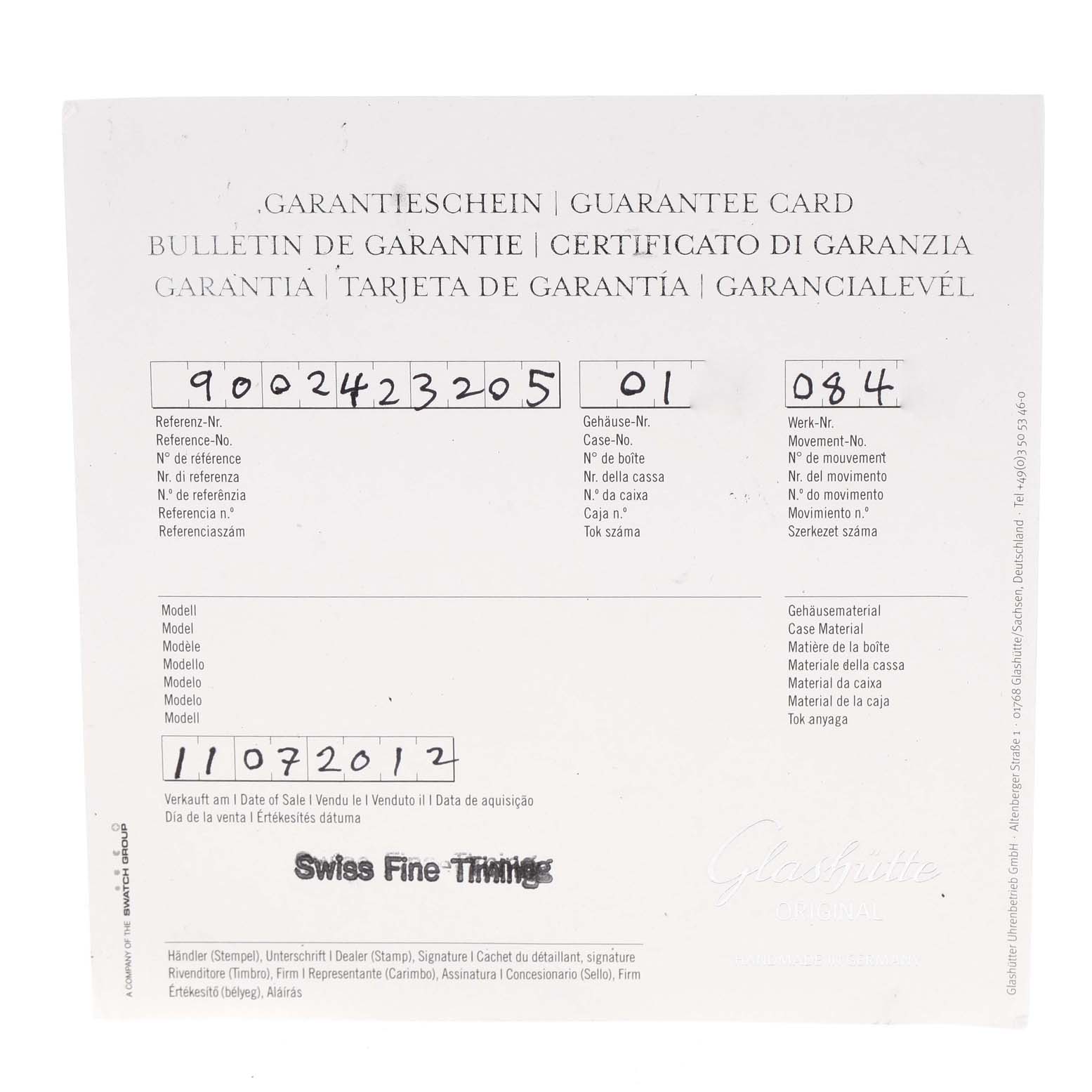 This image shows the guarantee card for the Glashütte Pano model watch.