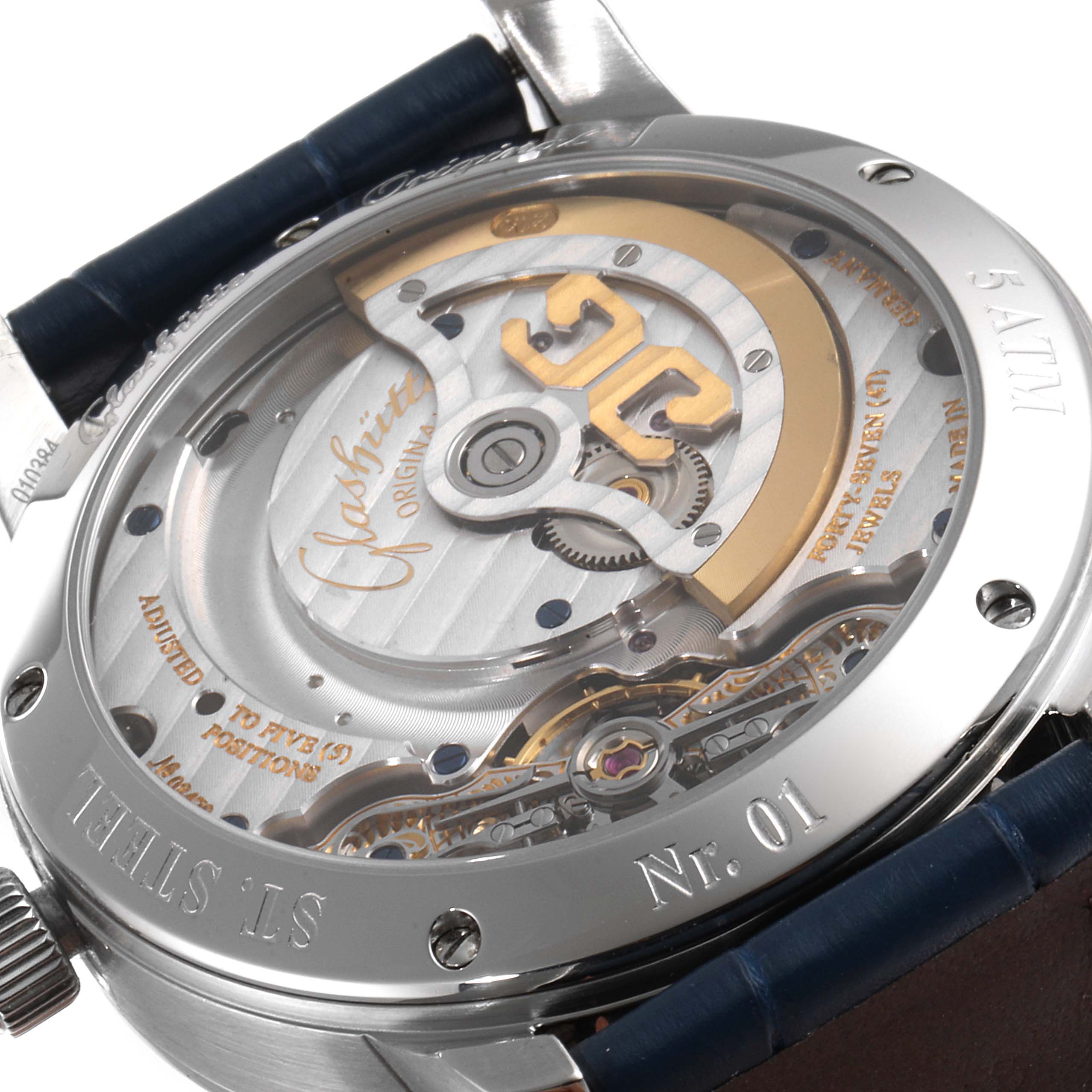 The image shows the back view of a Glashutte Pano 1-90-02-42-32-05 Men's Stainless Steel Silver Dial 1-90-02-42-32-05 Men's Stainless Steel Silver Dial model watch, highlighting its intricate movement and casing details.