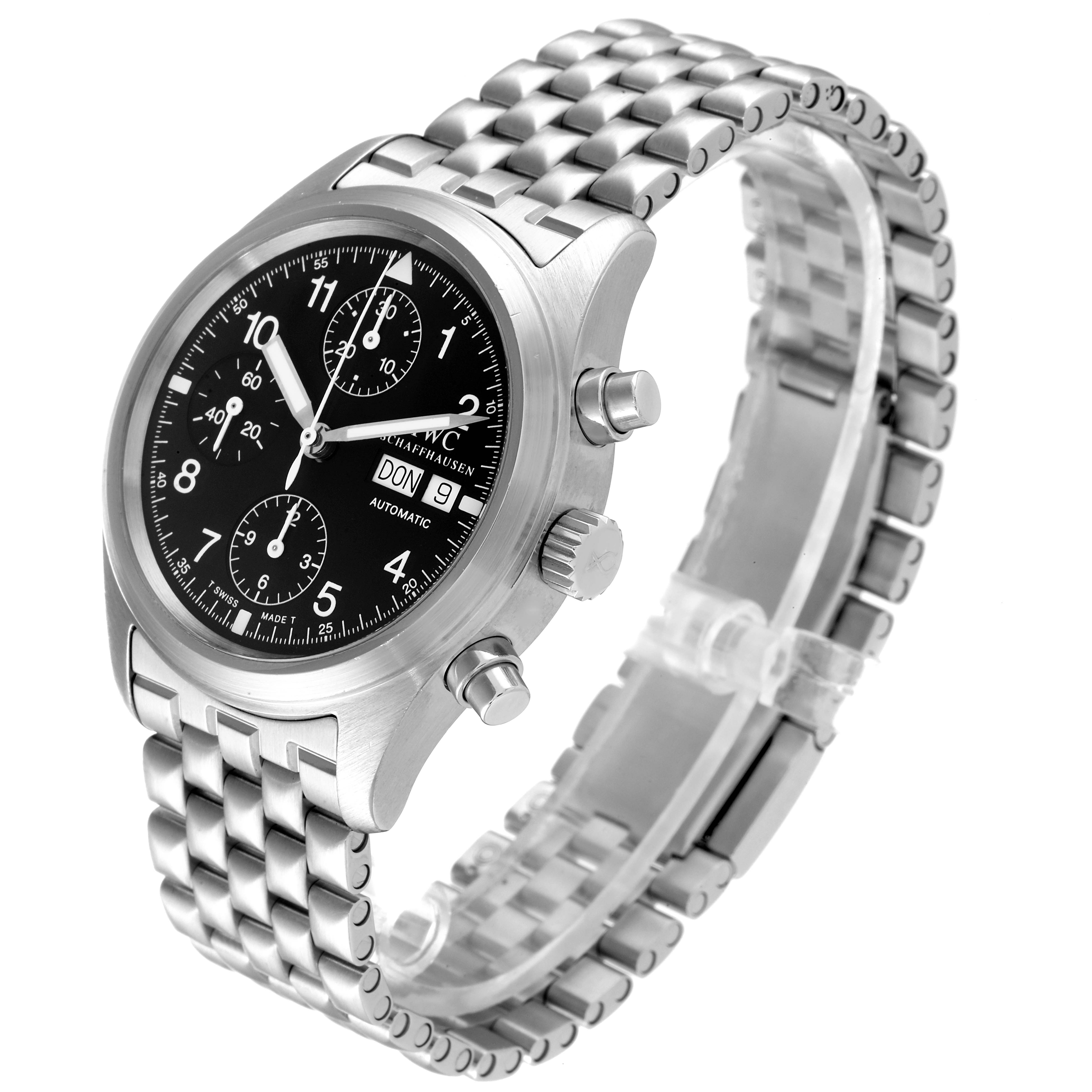 The image shows an angled view of an IWC Pilot IW370607 Men's Stainless Steel Black Dial IW370607 Men's Stainless Steel Black Dial model watch featuring a black dial and silver metal bracelet.