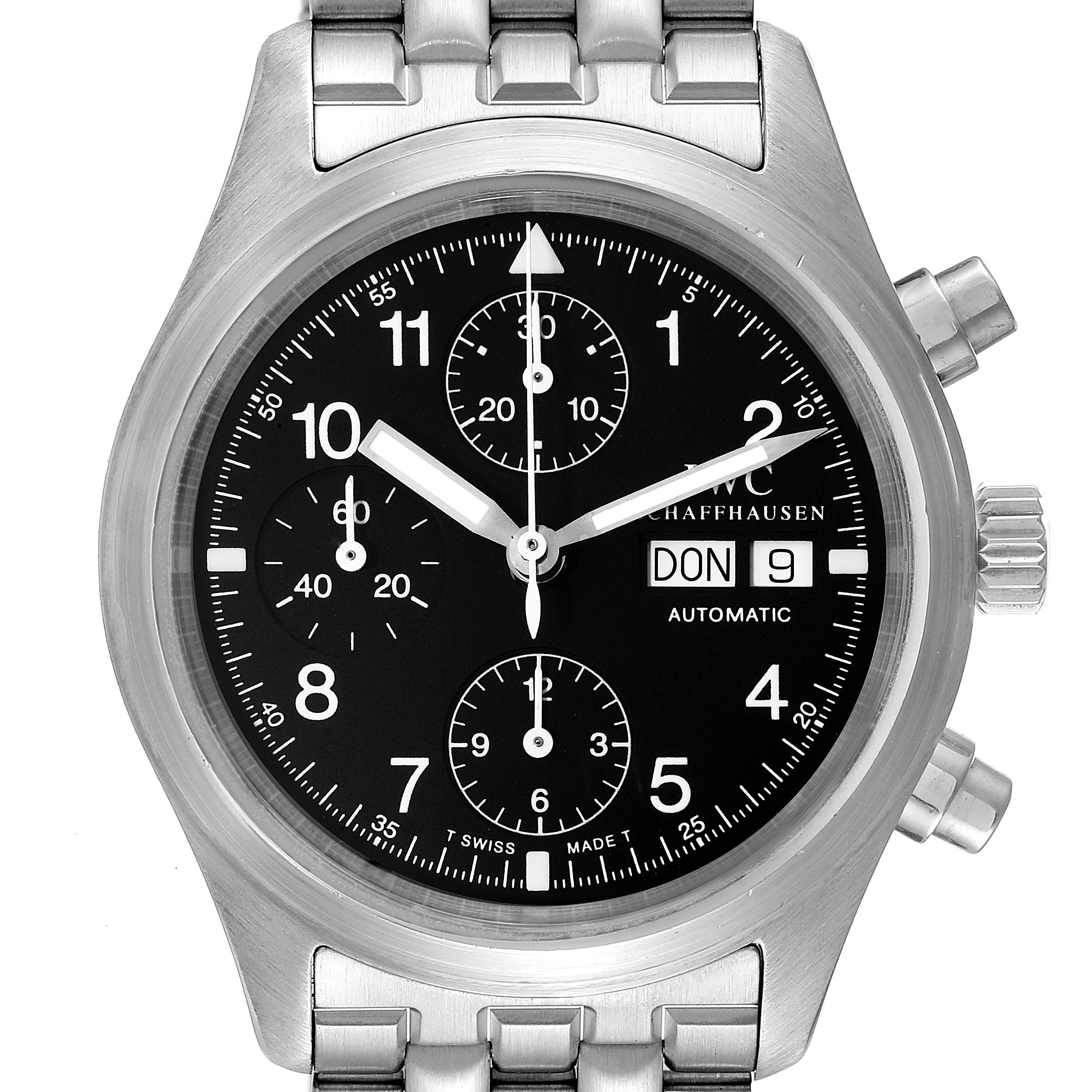 The image shows a front view of the IWC Pilot IW370607 Men's Stainless Steel Black Dial IW370607 Men's Stainless Steel Black Dial watch model, displaying its black dial, chronograph subdials, date window, and metal bracelet.