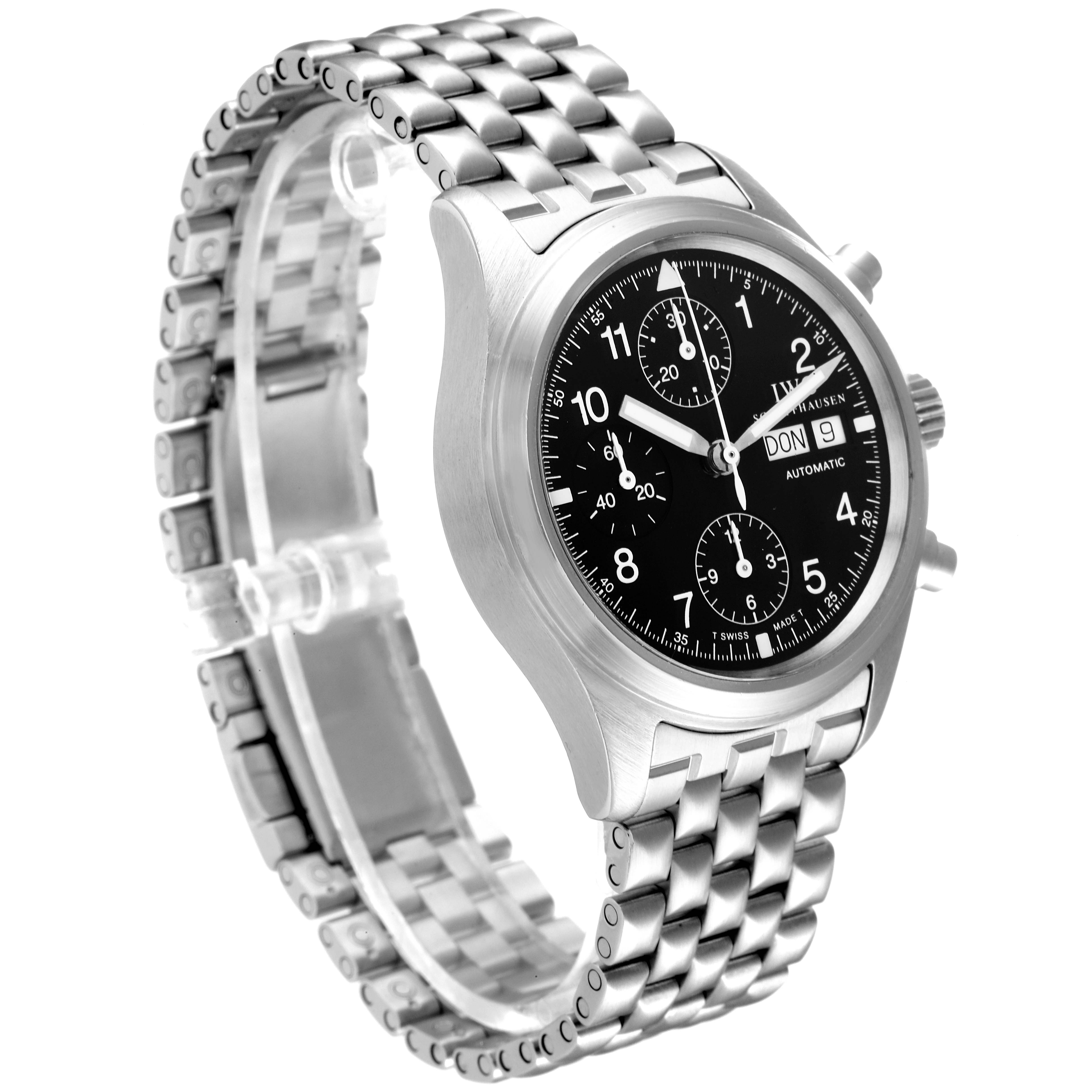 The image shows a side-front angle of the IWC Pilot IW370607 Men's Stainless Steel Black Dial IW370607 Men's Stainless Steel Black Dial model watch, highlighting its face, bezel, and metal bracelet.