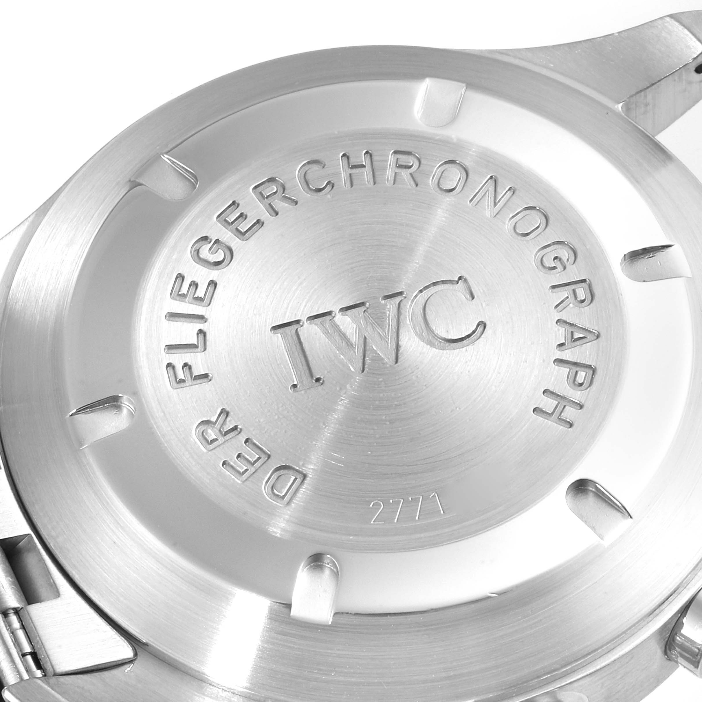 This image shows the case back of an IWC Pilot IW370607 Men's Stainless Steel Black Dial IW370607 Men's Stainless Steel Black Dial model watch, engraved with branding and text.