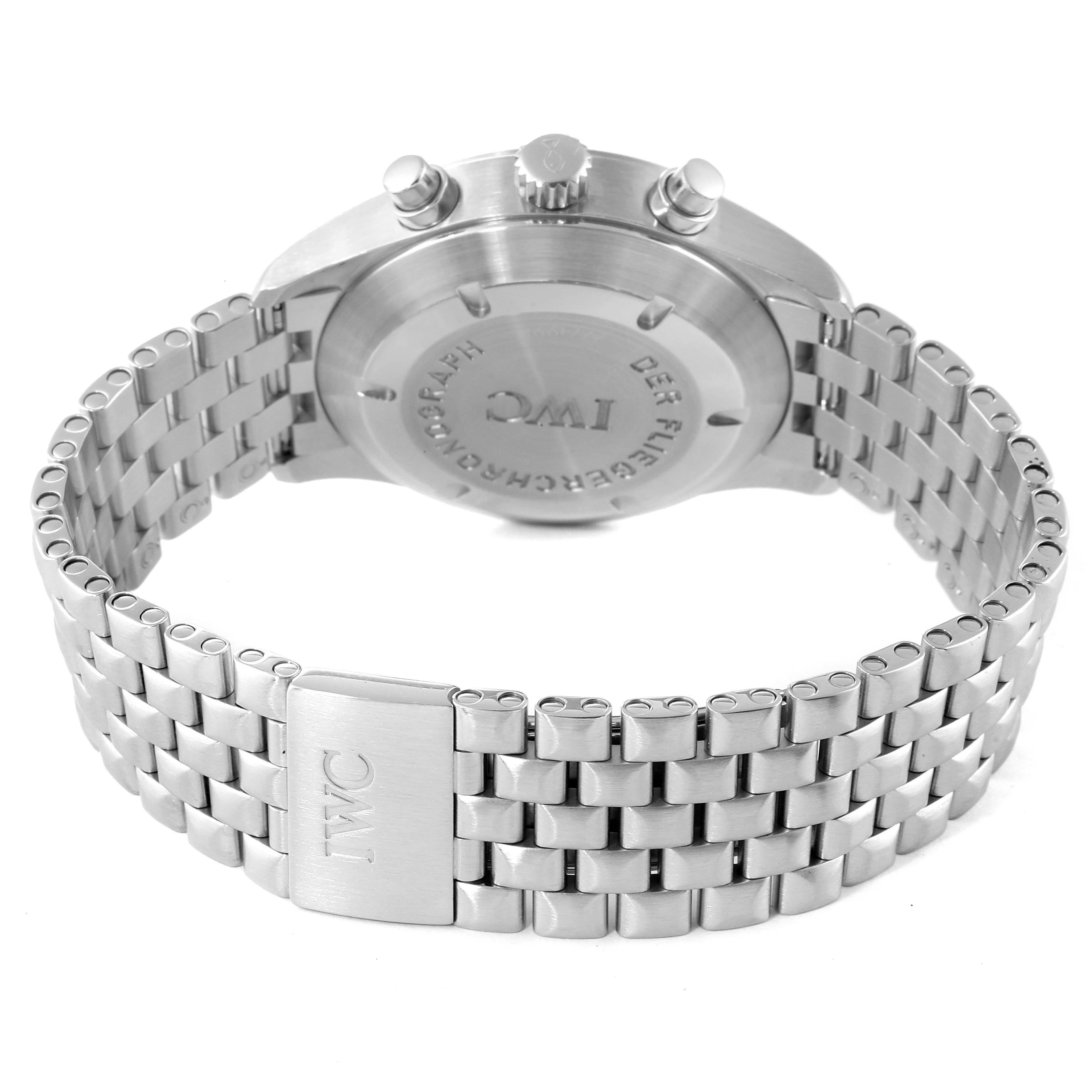 The image shows the back case and bracelet of an IWC Pilot IW370607 Men's Stainless Steel Black Dial IW370607 Men's Stainless Steel Black Dial model watch from a rear angle.