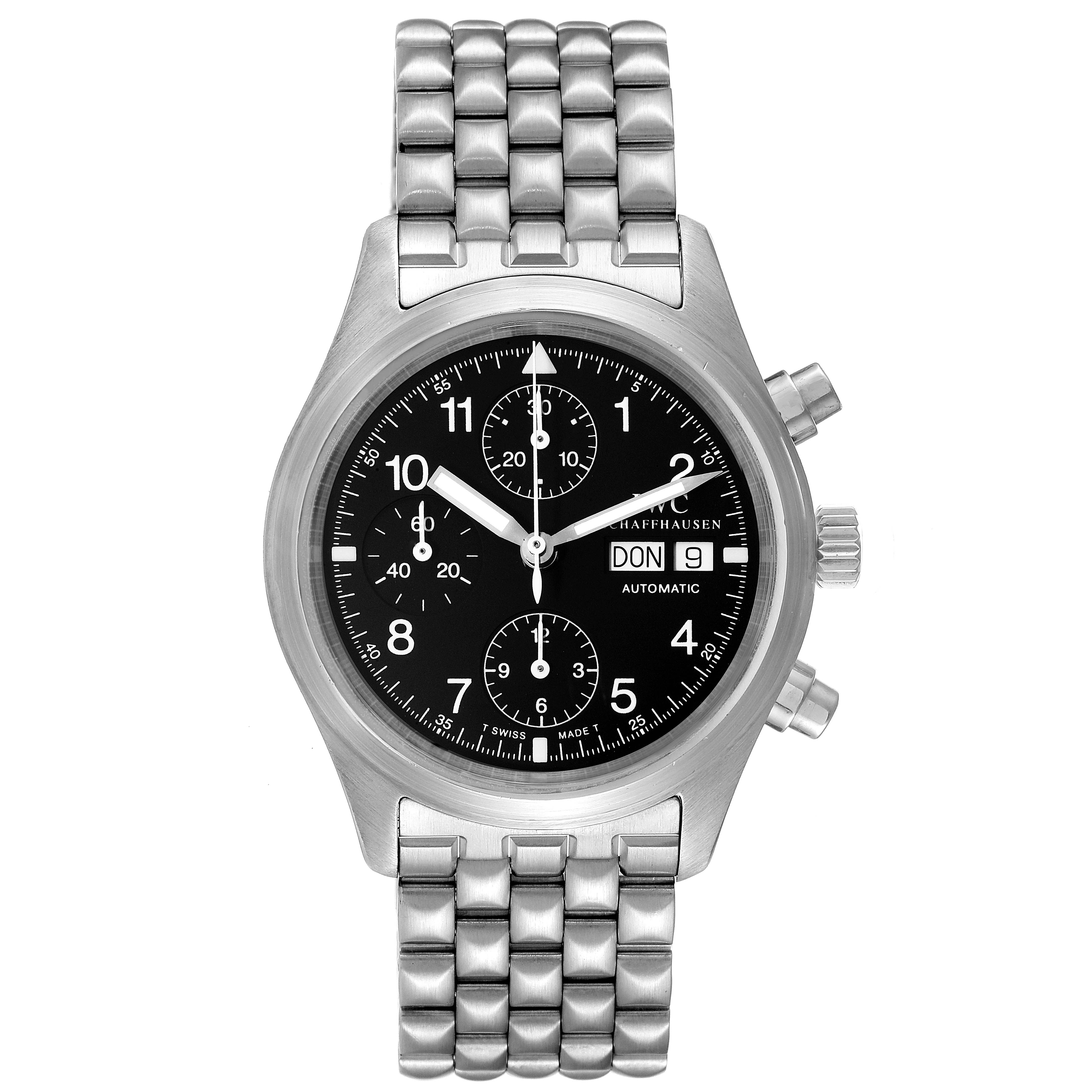 The image shows a front view of the IWC Pilot IW370607 Men's Stainless Steel Black Dial IW370607 Men's Stainless Steel Black Dial watch model with a metal bracelet and visible chronograph buttons.