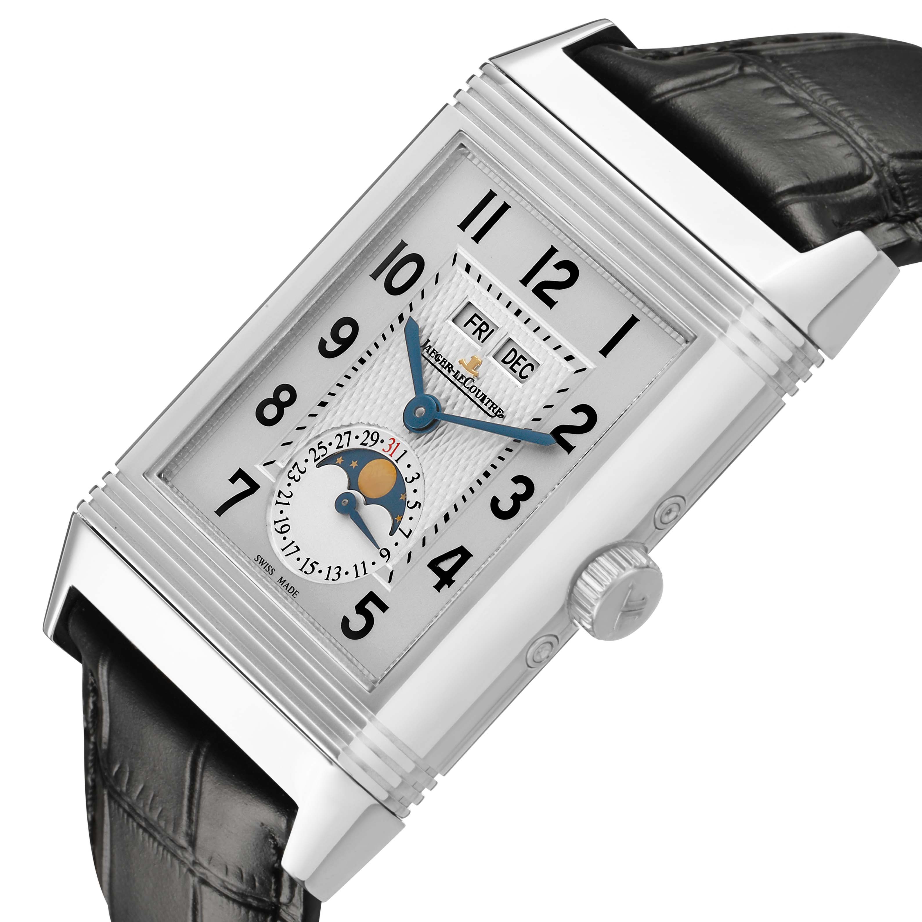 The Jaeger-LeCoultre Reverso watch is shown at a side angle, highlighting its face, crown, and leather strap.