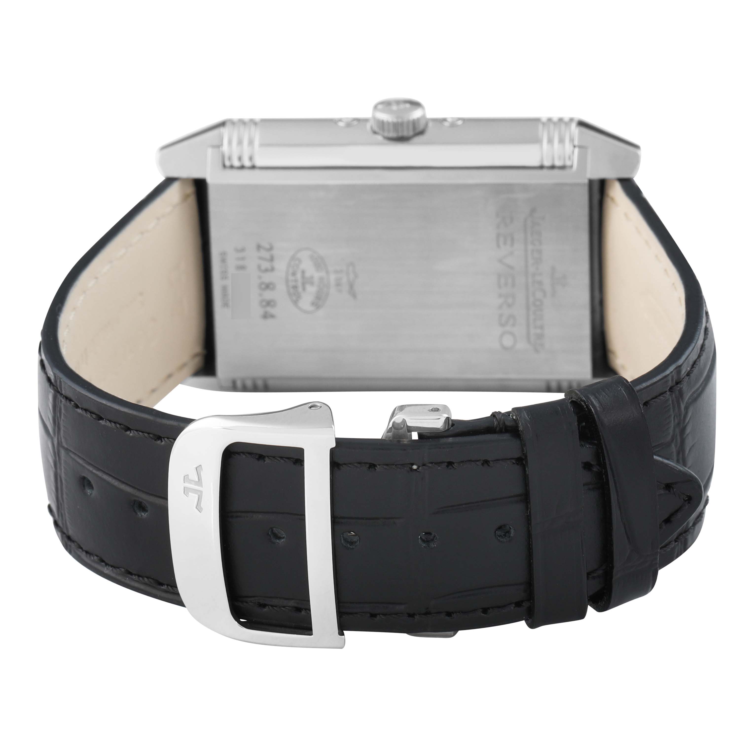 The image shows the back view of a Jaeger LeCoultre Reverso Q3758420 Men's Stainless Steel Silver Dial watch, highlighting the caseback, crown, and leather strap with buckle.