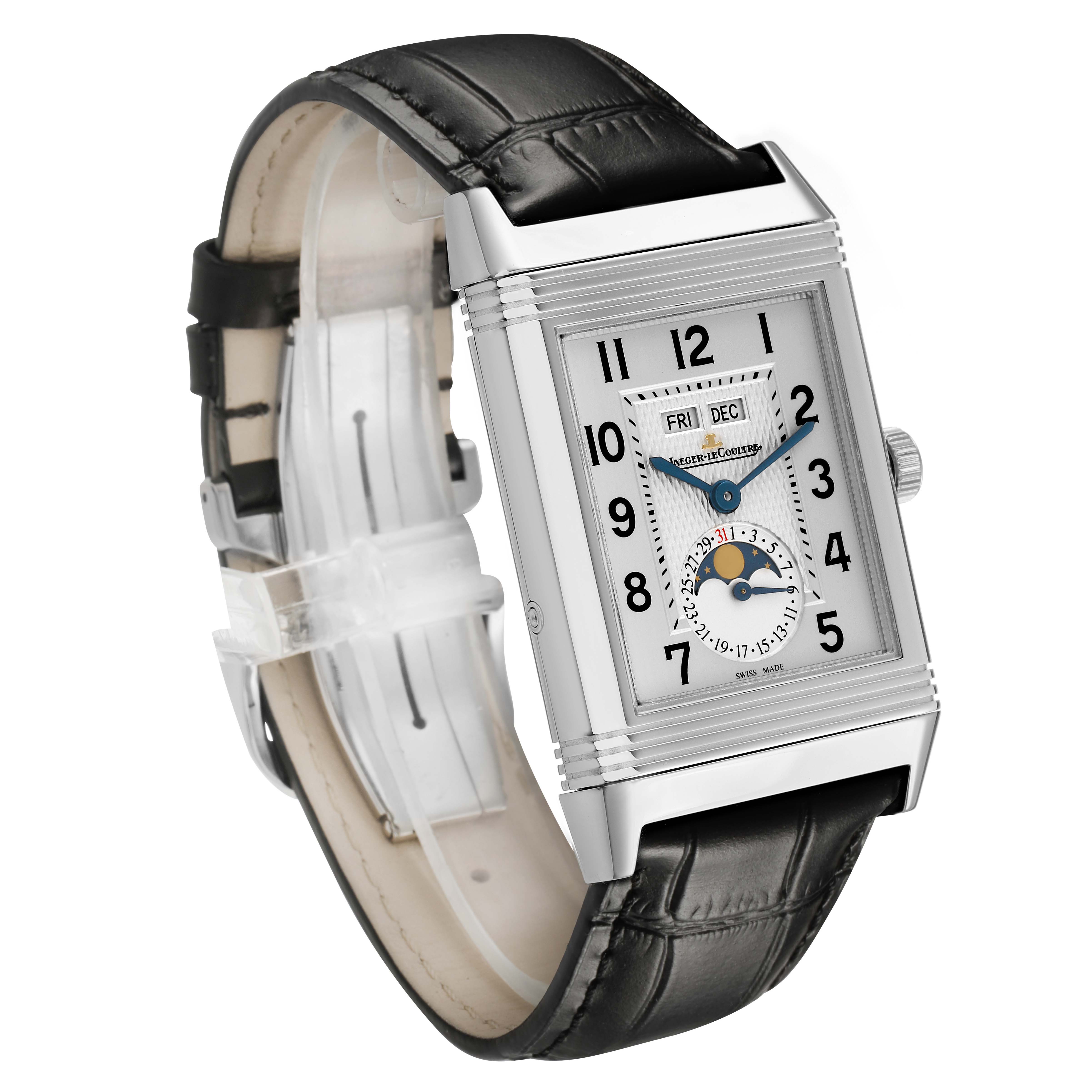 The Jaeger-LeCoultre Reverso watch is shown at an angle highlighting its face, case, crown, and leather strap.