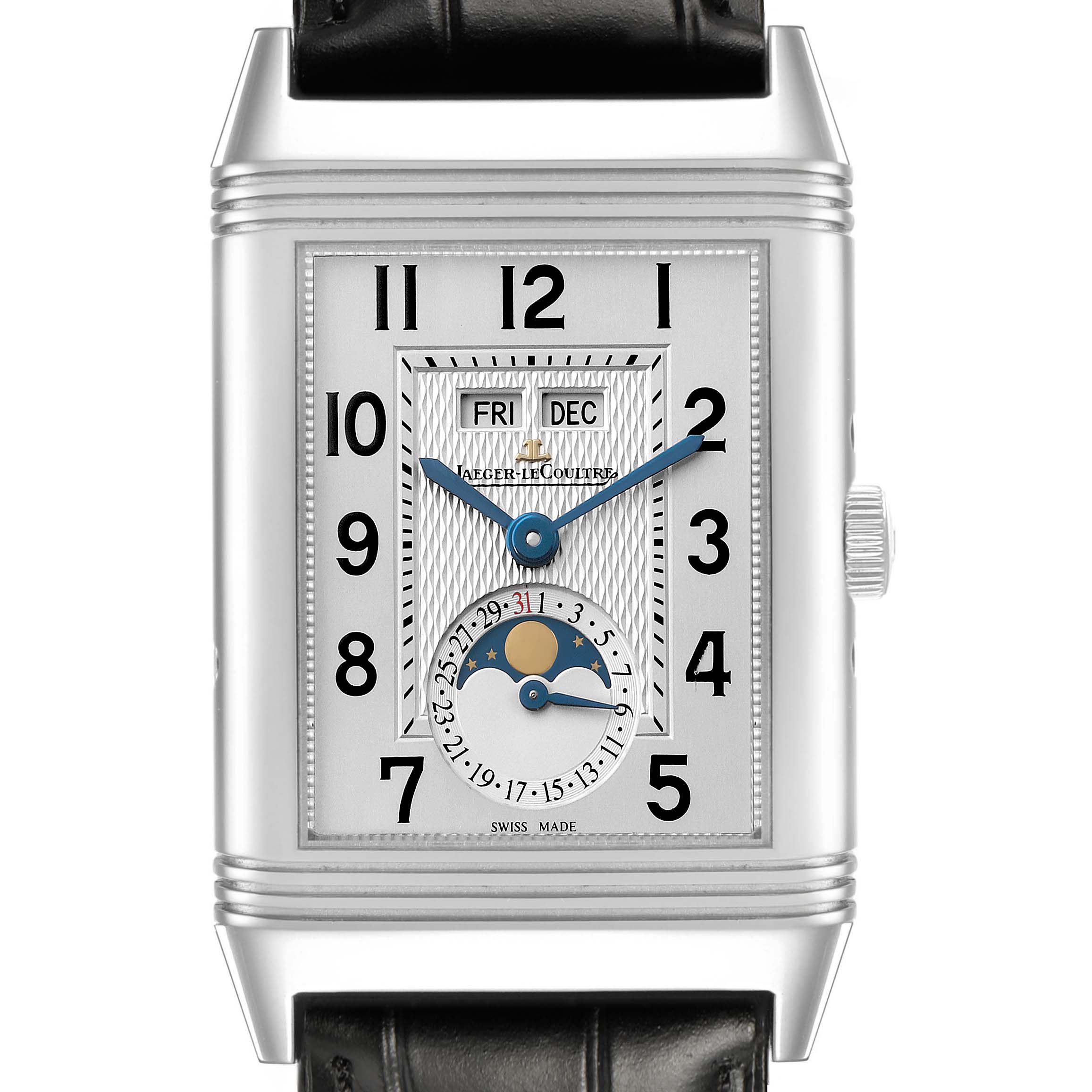 The Jaeger-LeCoultre Reverso watch is shown from the front, displaying the dial with moon phase, day, and month indicators.