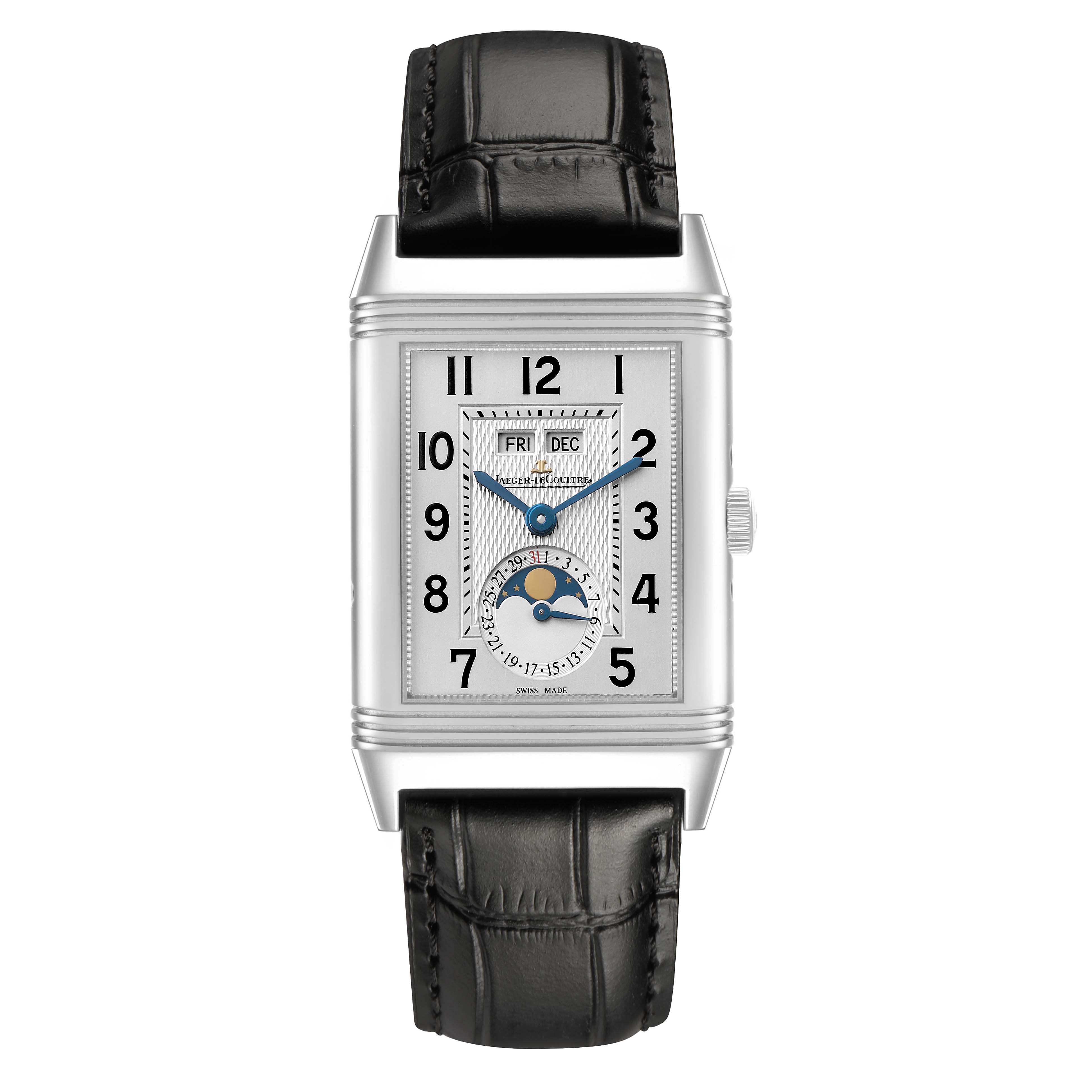 The Jaeger-LeCoultre Reverso watch is shown from the front, displaying the dial, moon phase, and a black leather strap.
