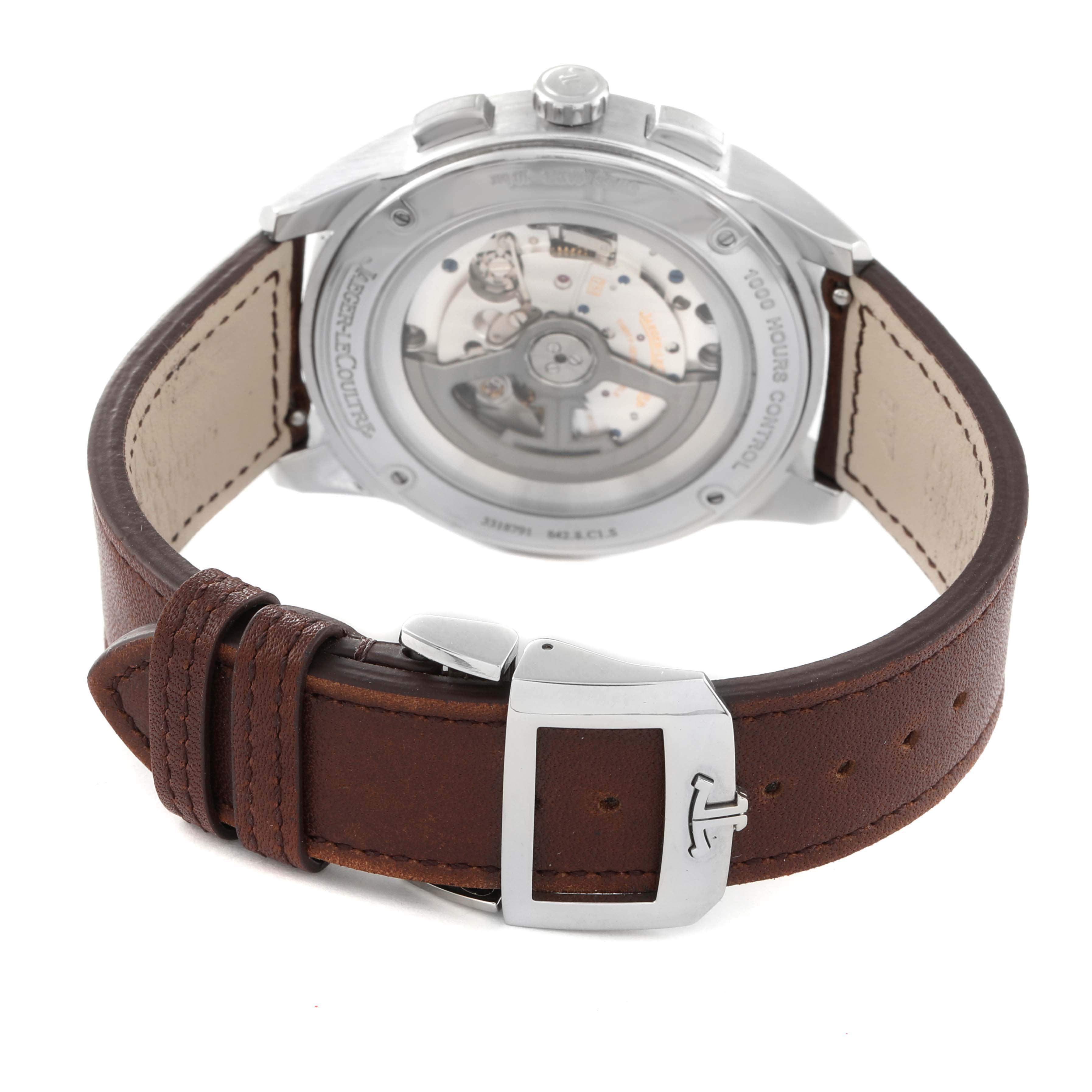 The image shows the back of the Jaeger LeCoultre Polaris Q9028480 Men's Stainless Steel Blue Dial Q9028480 Men's Stainless Steel Blue Dial watch at an angle, highlighting its movement and leather strap with buckle.