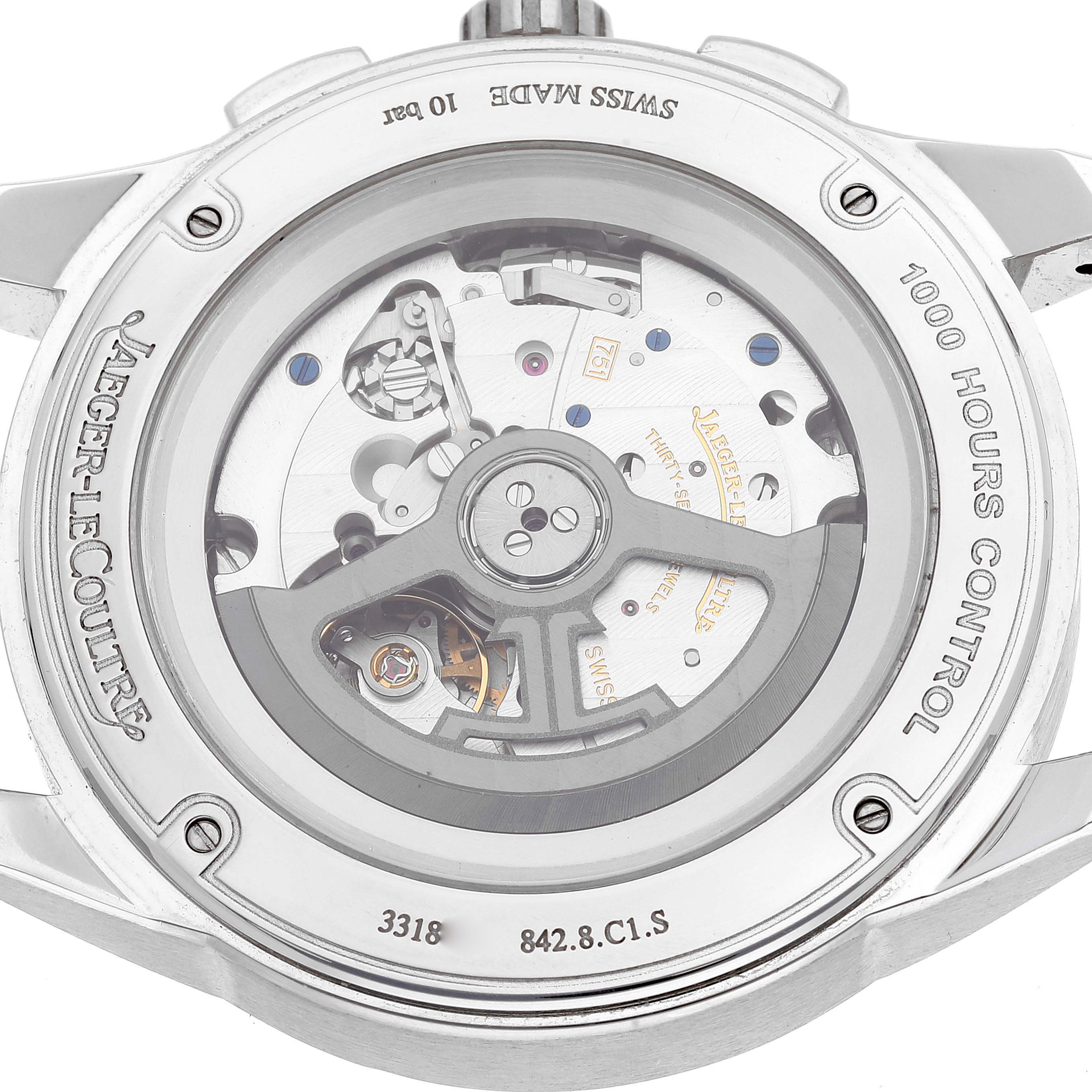 The image shows the back view of a Jaeger-LeCoultre Polaris watch, highlighting its mechanical movement and engravings.