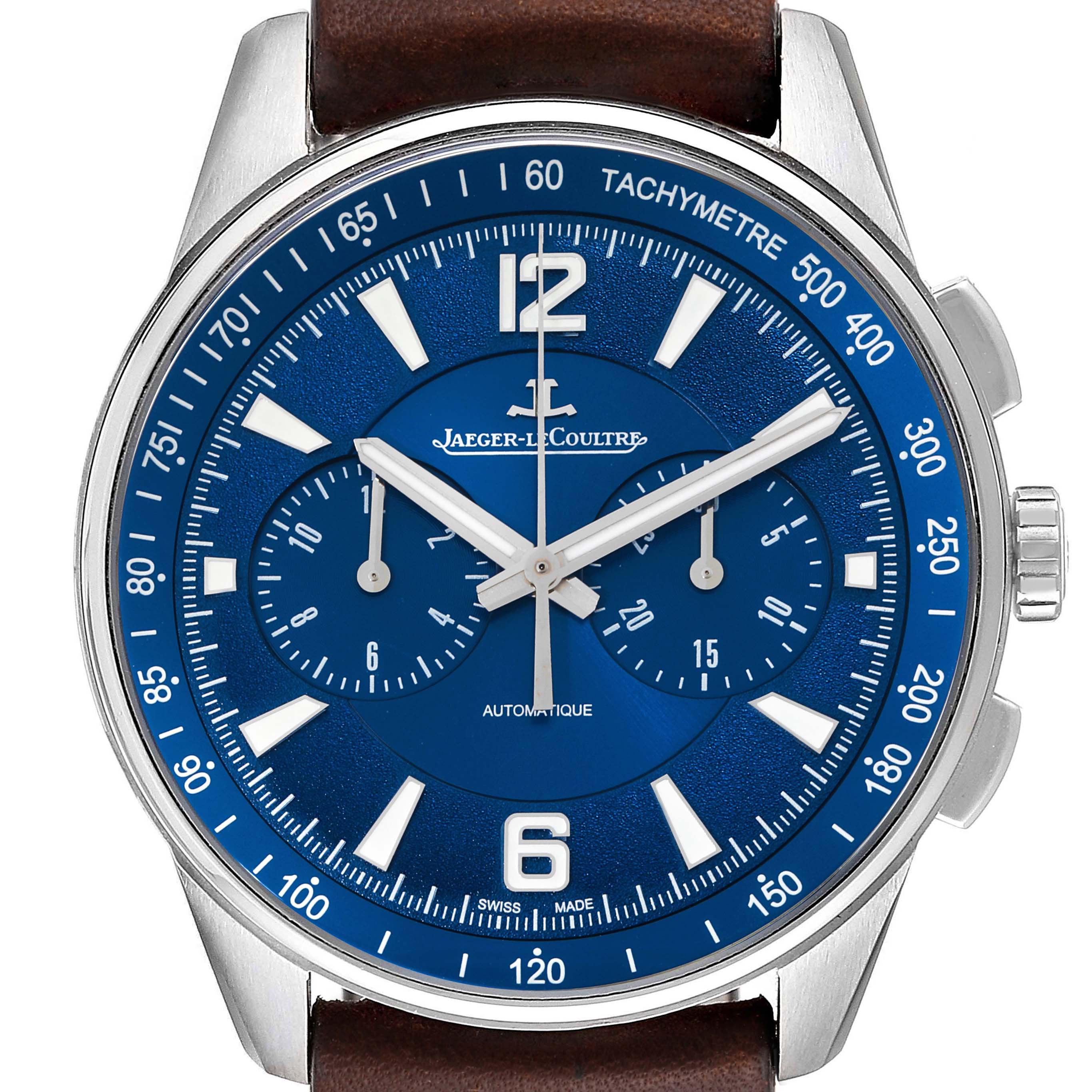 The image shows a front view of a Jaeger-LeCoultre Polaris watch with a blue dial and brown leather strap.