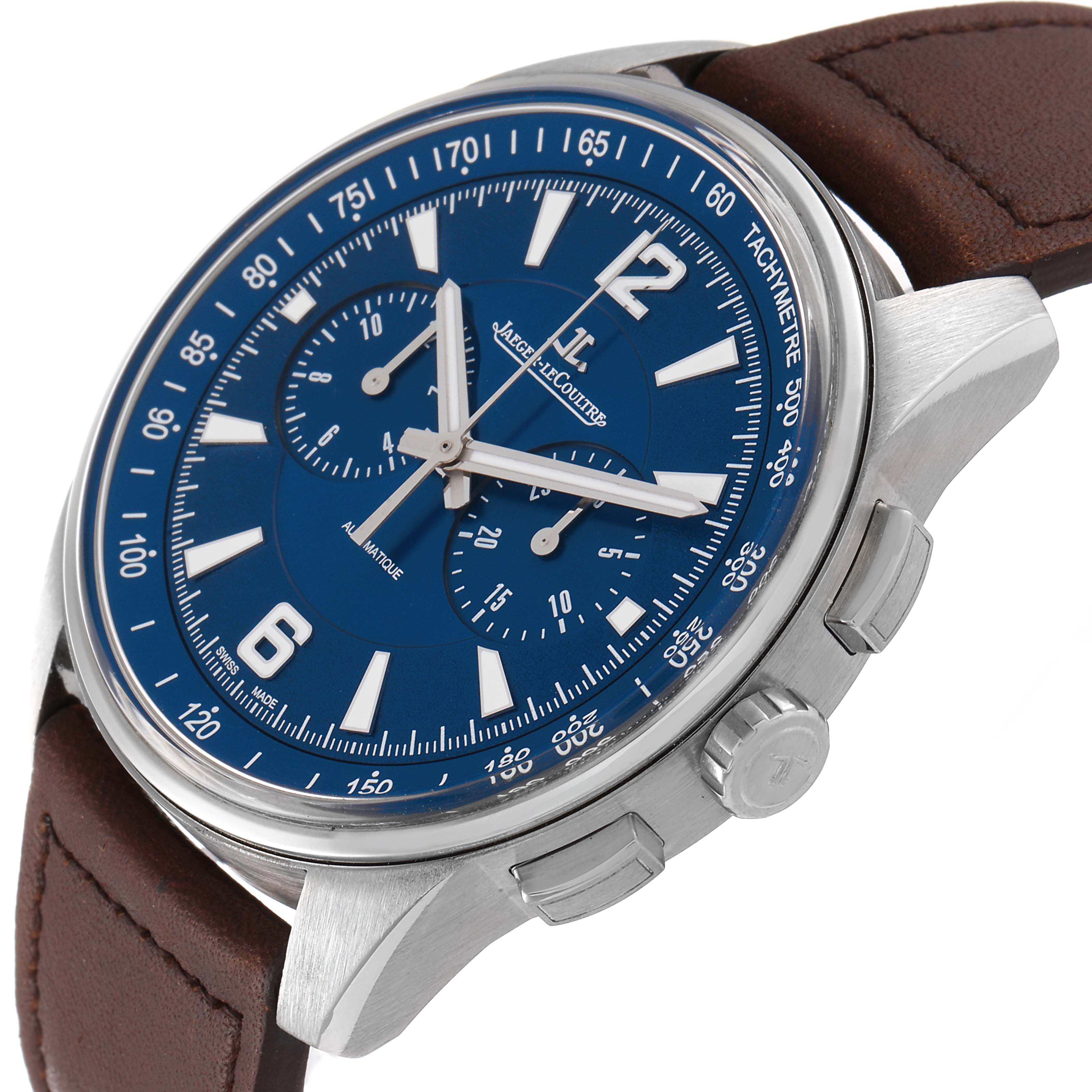 The image shows a close-up angle of the Jaeger LeCoultre Polaris Q9028480 Men's Stainless Steel Blue Dial Q9028480 Men's Stainless Steel Blue Dial watch, highlighting the dial, pushers, crown, and leather strap.