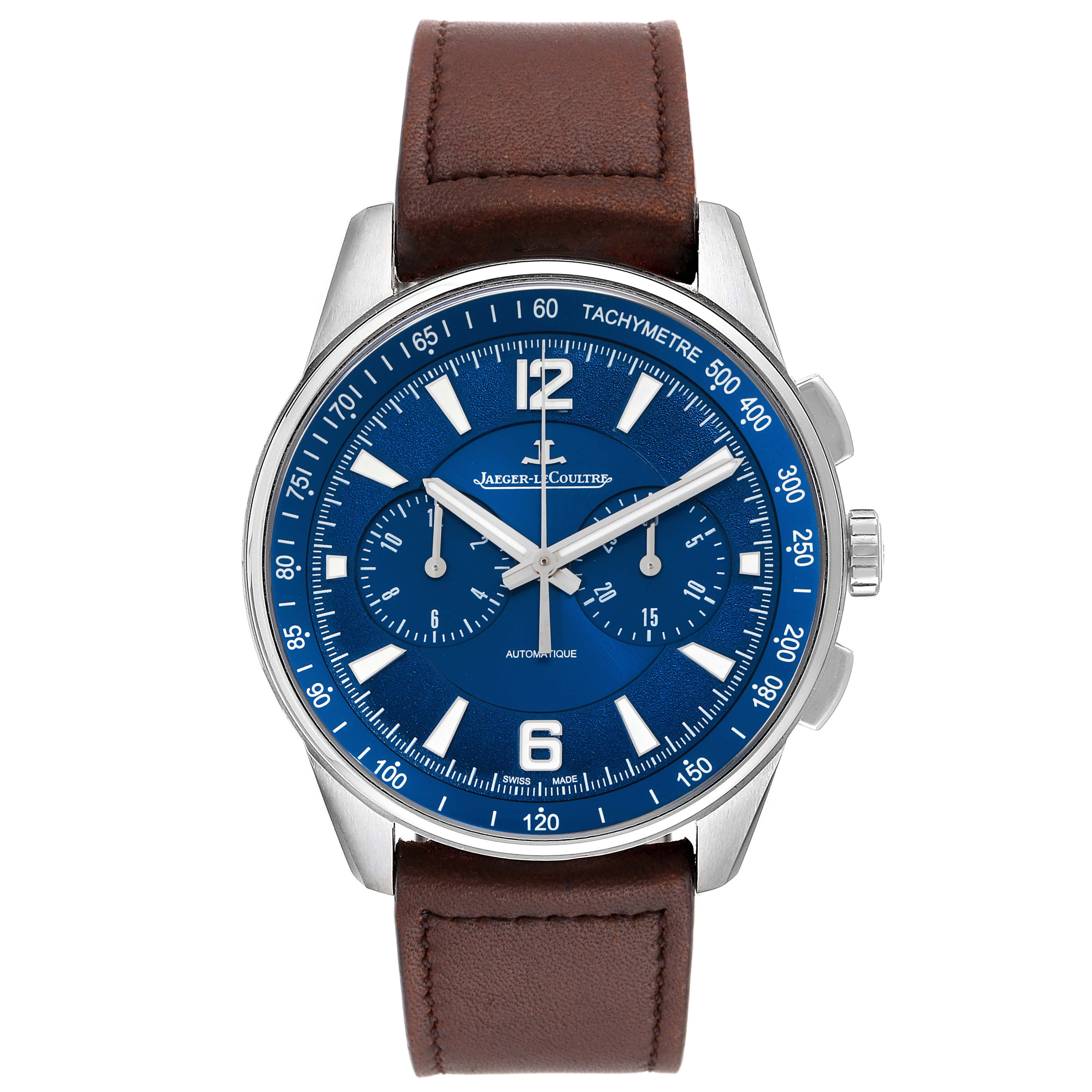 The Jaeger LeCoultre Polaris Q9028480 Men's Stainless Steel Blue Dial Q9028480 Men's Stainless Steel Blue Dial watch is shown from the front, highlighting its blue dial, sub-dials, tachymeter bezel, and leather strap.