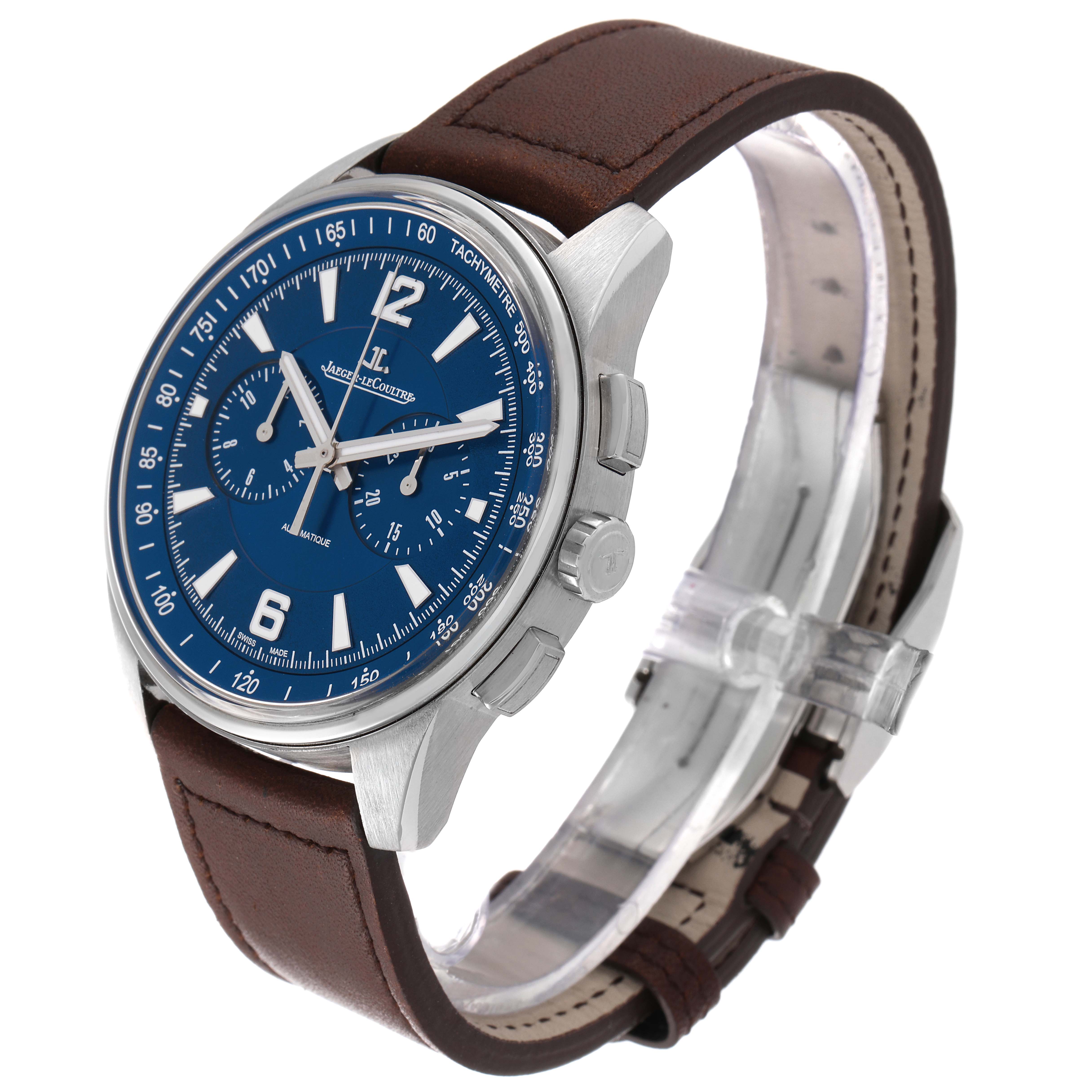 The Jaeger LeCoultre Polaris Q9028480 Men's Stainless Steel Blue Dial Q9028480 Men's Stainless Steel Blue Dial watch is shown from an angled side view, highlighting its dial, crown, pushers, and brown leather strap.