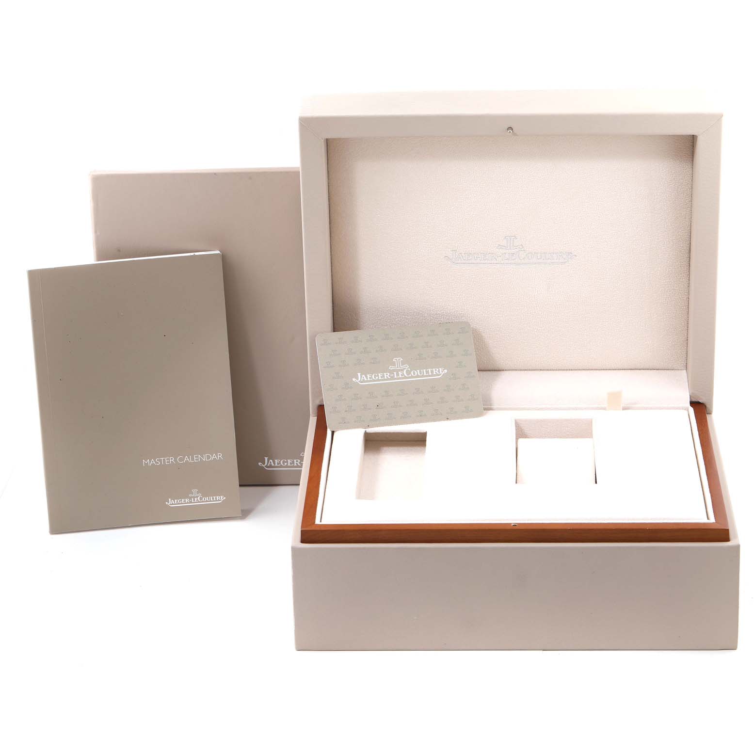 This image shows the box, manual, and authenticity card for the Jaeger LeCoultre Polaris Q9028480 Men's Stainless Steel Blue Dial Q9028480 Men's Stainless Steel Blue Dial watch, viewed from the front.