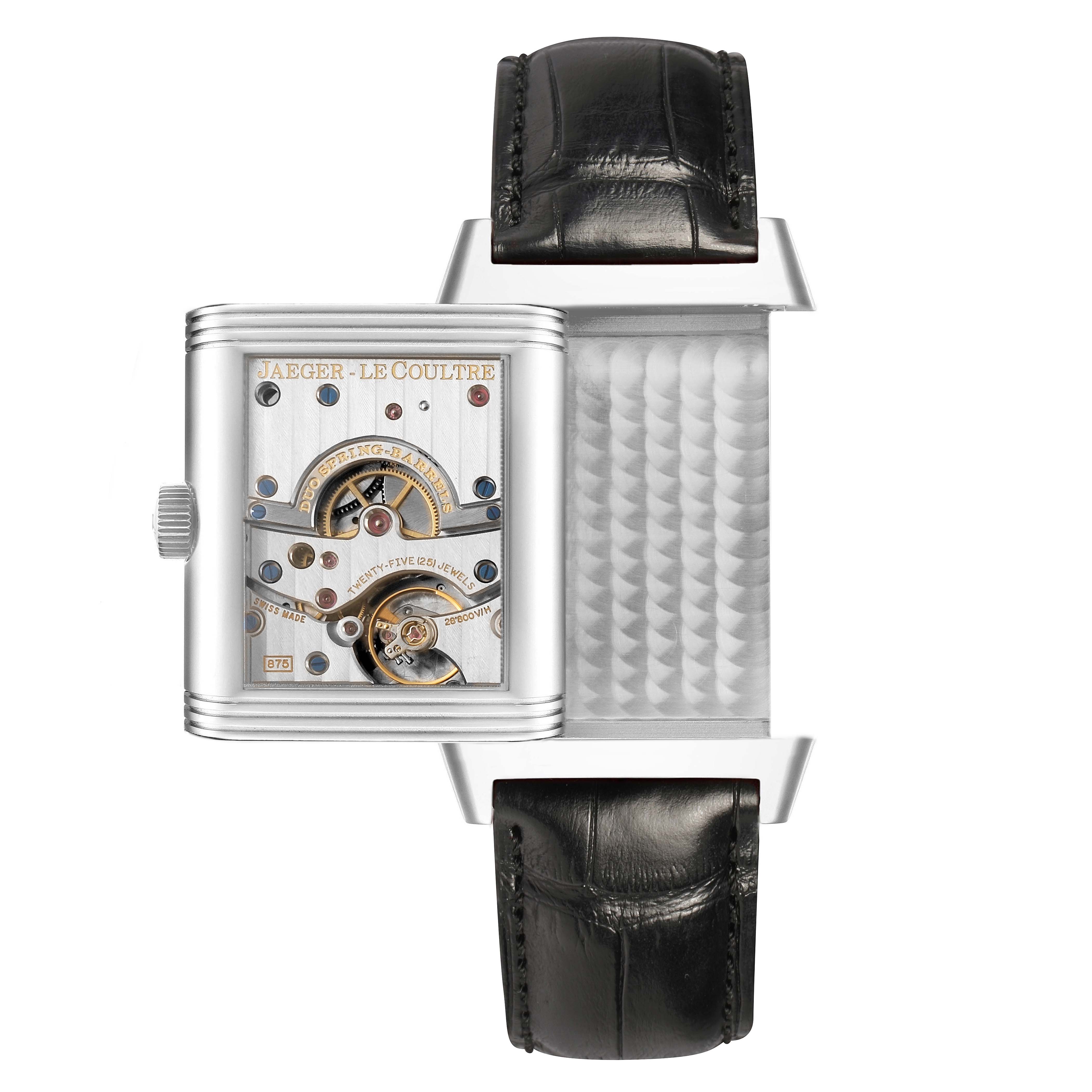 The image shows a Jaeger LeCoultre Reverso Q3008420 / 240.8.15 Men's Stainless Steel Silver Dial watch, viewed from the back displaying its intricate mechanical movement.