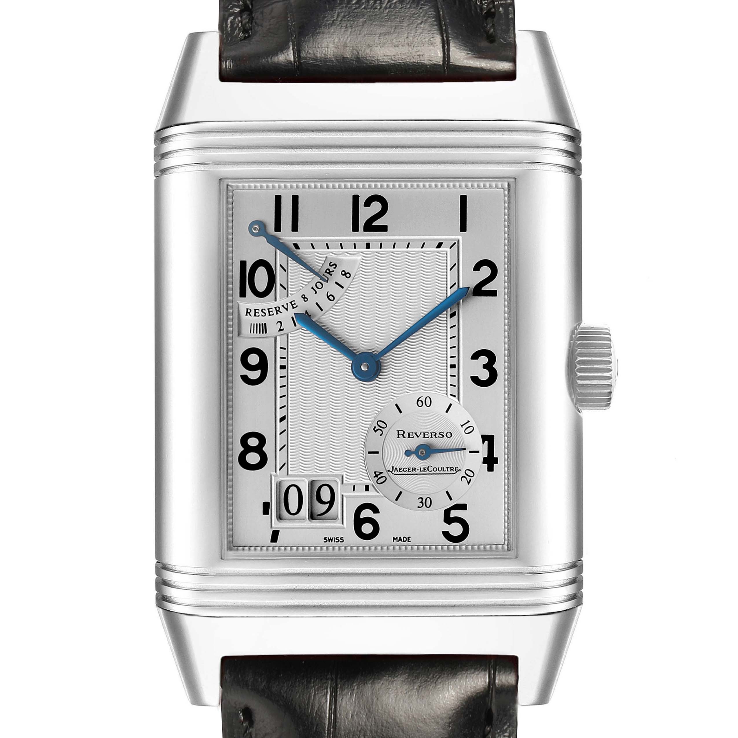 The Jaeger-LeCoultre Reverso watch is shown from the front, featuring its face and crown.