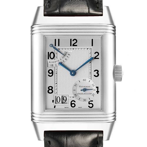 The Jaeger-LeCoultre Reverso watch is shown from a front angle, displaying its face, crown, and strap.