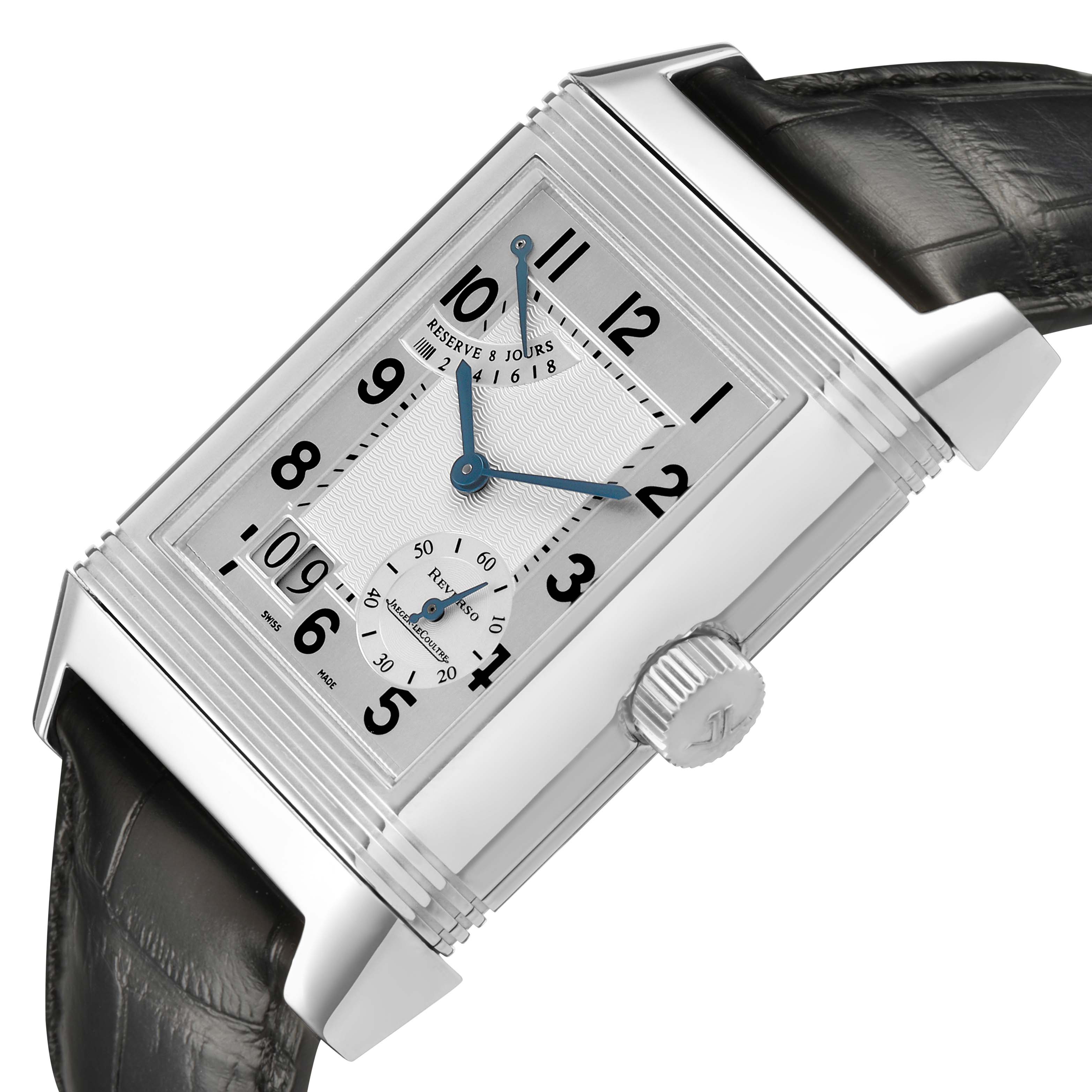 The Jaeger LeCoultre Reverso Q3008420 / 240.8.15 Men's Stainless Steel Silver Dial watch is shown at an angle highlighting the face, crown, and partial strap.