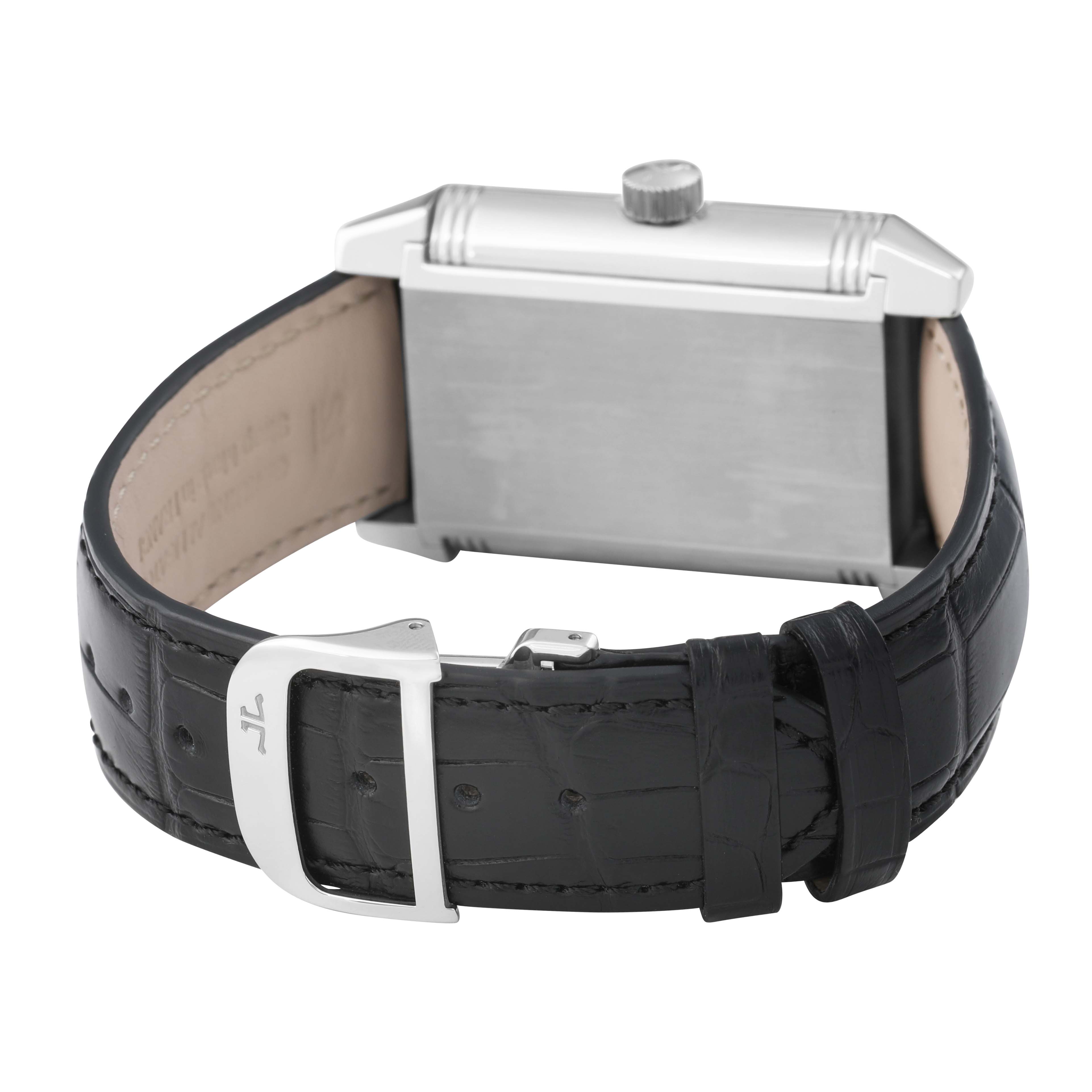 The Jaeger LeCoultre Reverso Q3008420 / 240.8.15 Men's Stainless Steel Silver Dial watch is shown from the back, highlighting the clasp and leather strap.