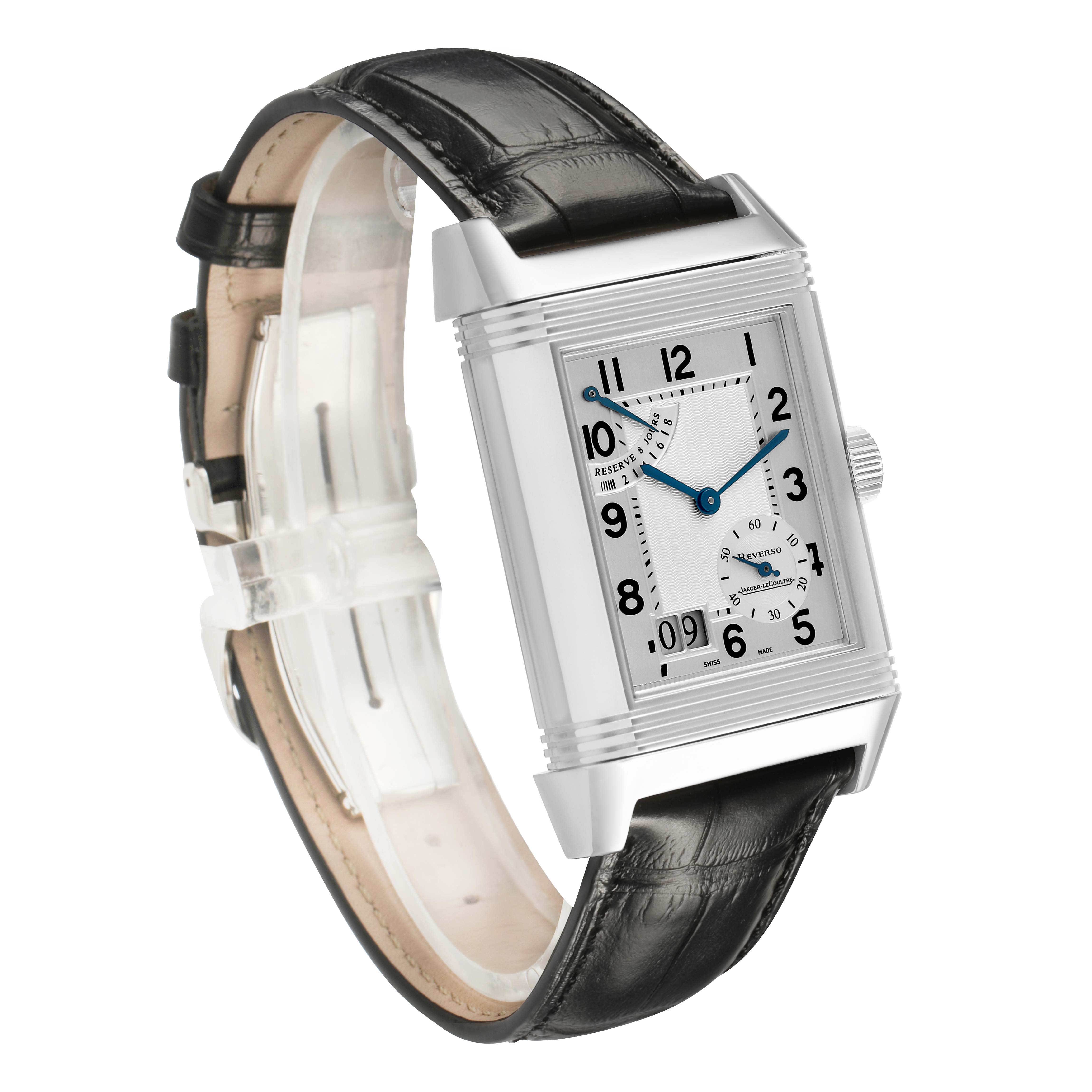 The image shows the Jaeger LeCoultre Reverso Q3008420 / 240.8.15 Men's Stainless Steel Silver Dial watch at an angled front view, highlighting the dial, case, strap, and buckle.