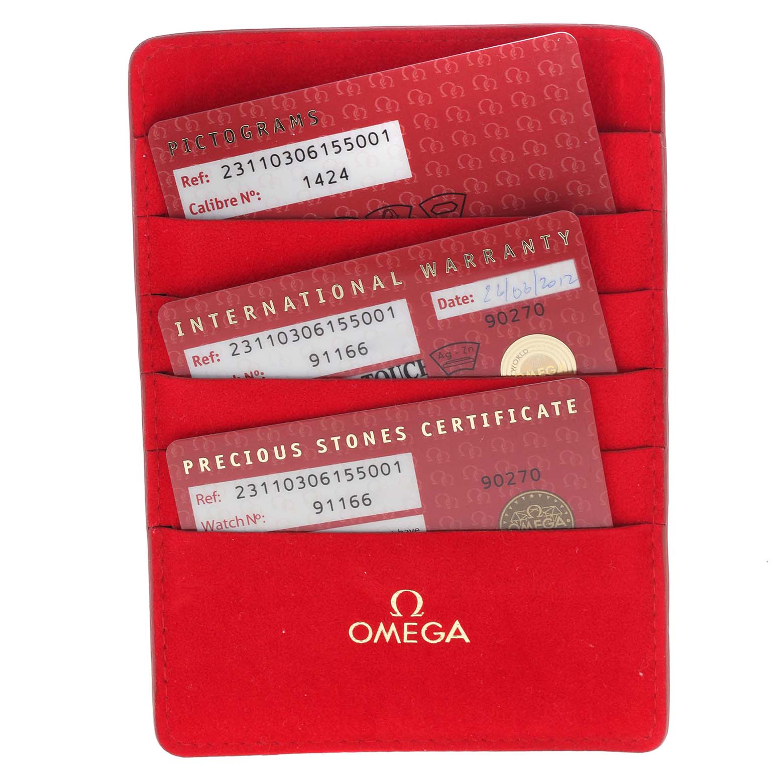 This image shows the warranty cards and certificates for the Omega 231.10.30.61.55.001 Women
s Stainless Steel Mother of Pearl Dial 231.10.30.61.55.001 Women
s Stainless Steel Mother of Pearl Dial Aqua Terra Steel MOP Diamond Ladies Watch 231.10.30.61.55.001.