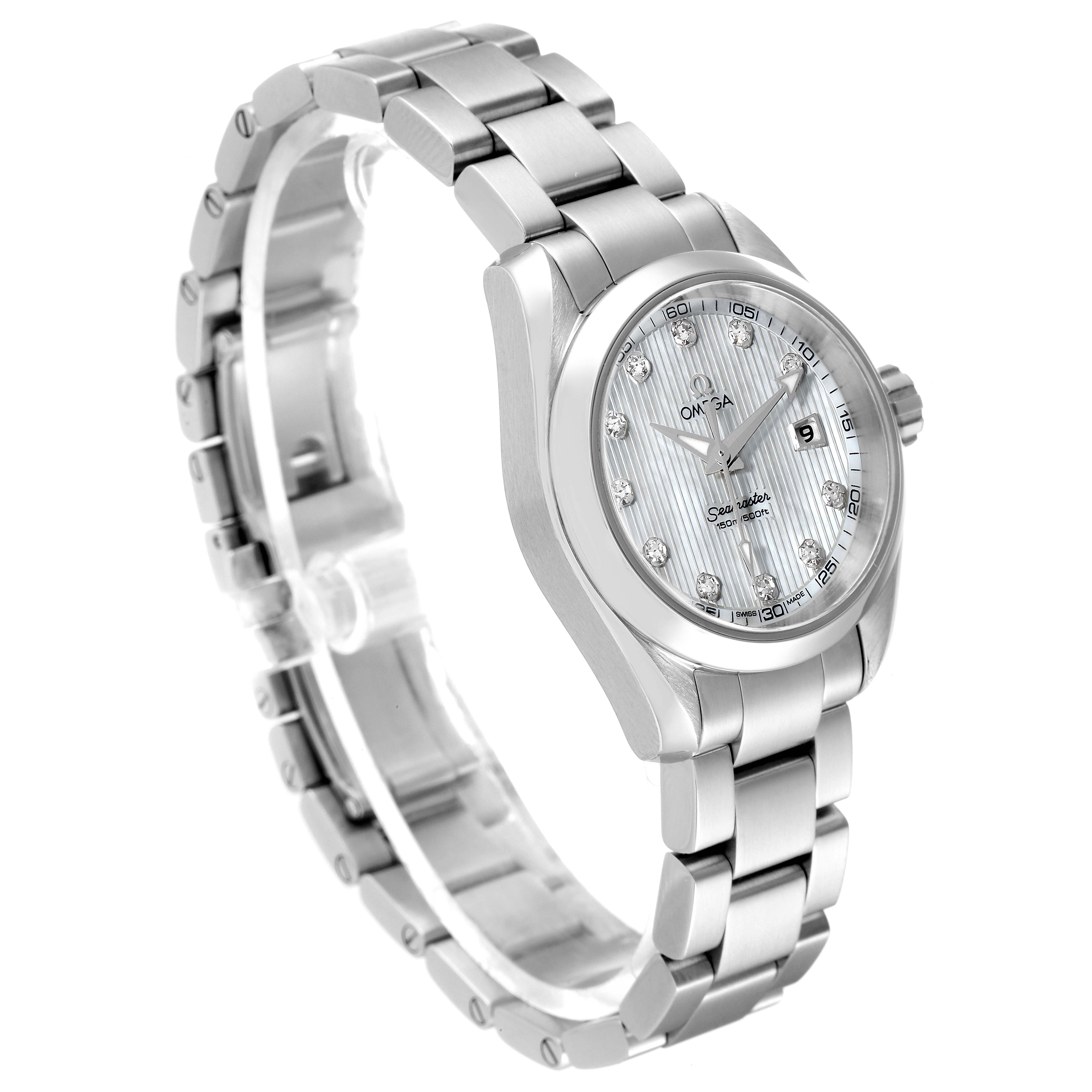 The image shows a side angle of the Omega 231.10.30.61.55.001 Women
s Stainless Steel Mother of Pearl Dial 231.10.30.61.55.001 Women
s Stainless Steel Mother of Pearl Dial Aqua Terra Steel MOP Diamond Ladies Watch 231.10.30.61.55.001, highlighting its bracelet and face.