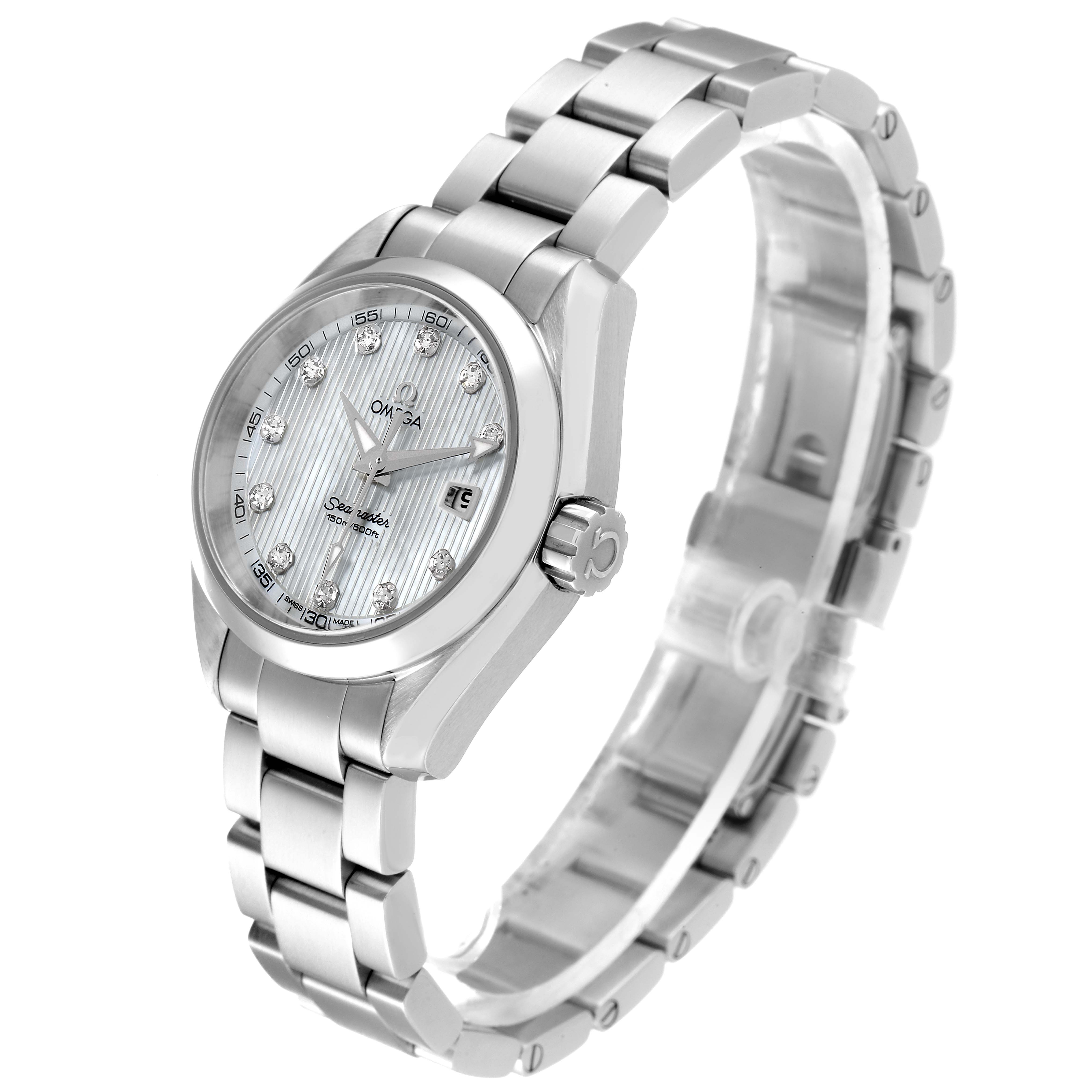 The image shows an Omega 231.10.30.61.55.001 Women
s Stainless Steel Mother of Pearl Dial 231.10.30.61.55.001 Women
s Stainless Steel Mother of Pearl Dial Aqua Terra Steel MOP Diamond Ladies Watch 231.10.30.61.55.001 from an angled side view, displaying the face, bracelet, and crown.