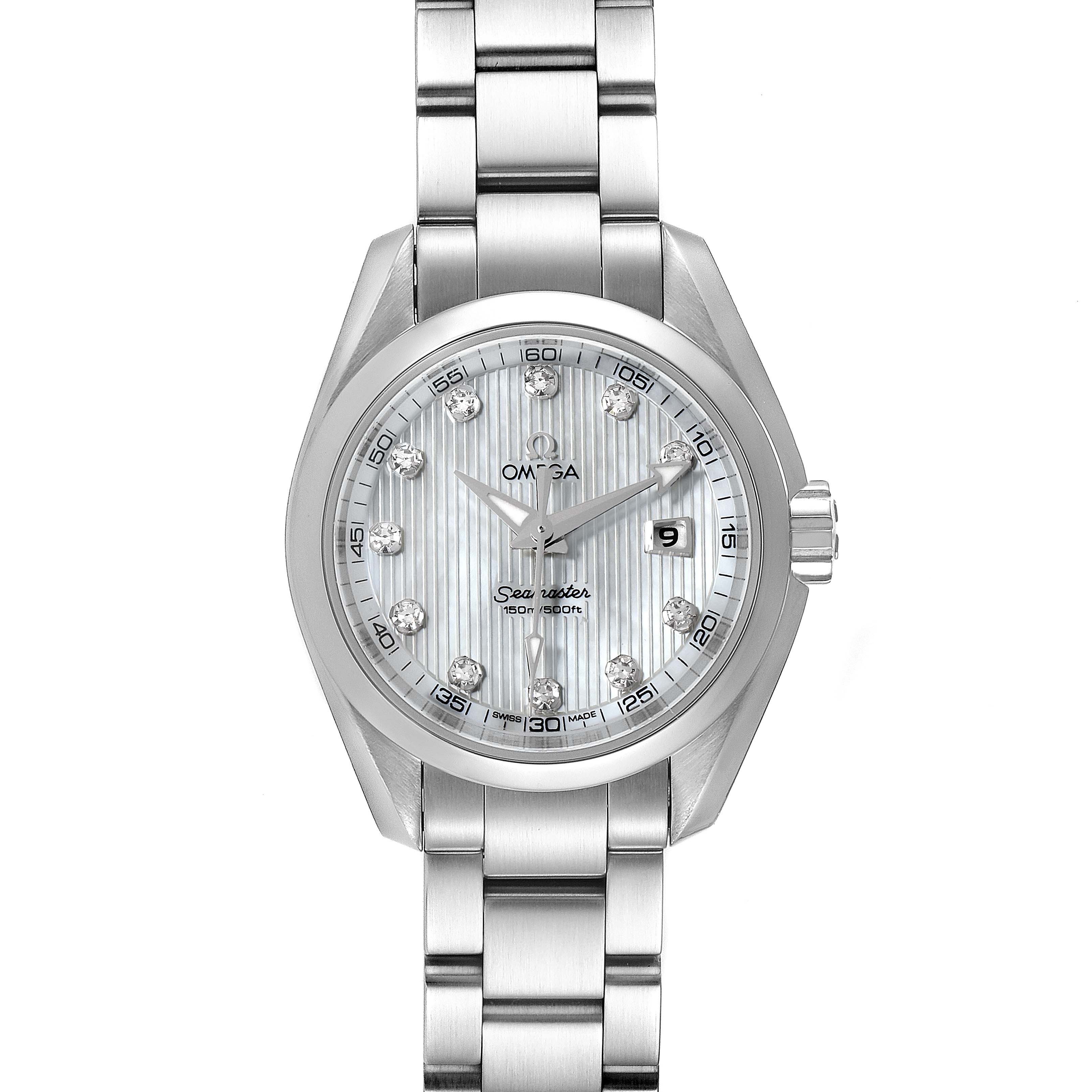 The image shows a front view of the Omega 231.10.30.61.55.001 Women
s Stainless Steel Mother of Pearl Dial 231.10.30.61.55.001 Women
s Stainless Steel Mother of Pearl Dial Aqua Terra Steel MOP Diamond Ladies Watch 231.10.30.61.55.001 with its dial, bracelet, bezel, and crown visible.