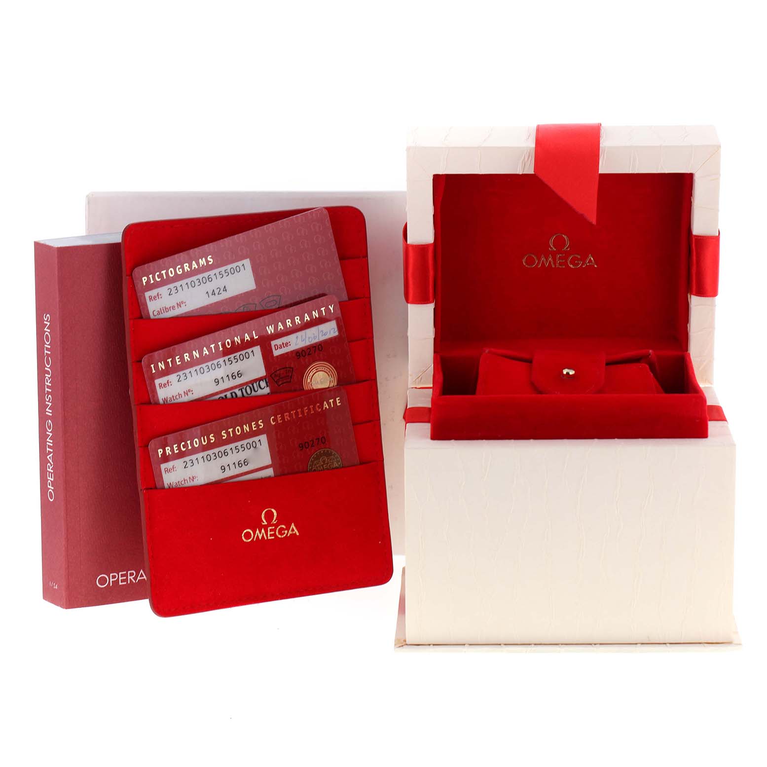 The image displays the box, warranty cards, and documents for the Omega 231.10.30.61.55.001 Women
s Stainless Steel Mother of Pearl Dial 231.10.30.61.55.001 Women
s Stainless Steel Mother of Pearl Dial Aqua Terra Steel MOP Diamond Ladies Watch 231.10.30.61.55.001.