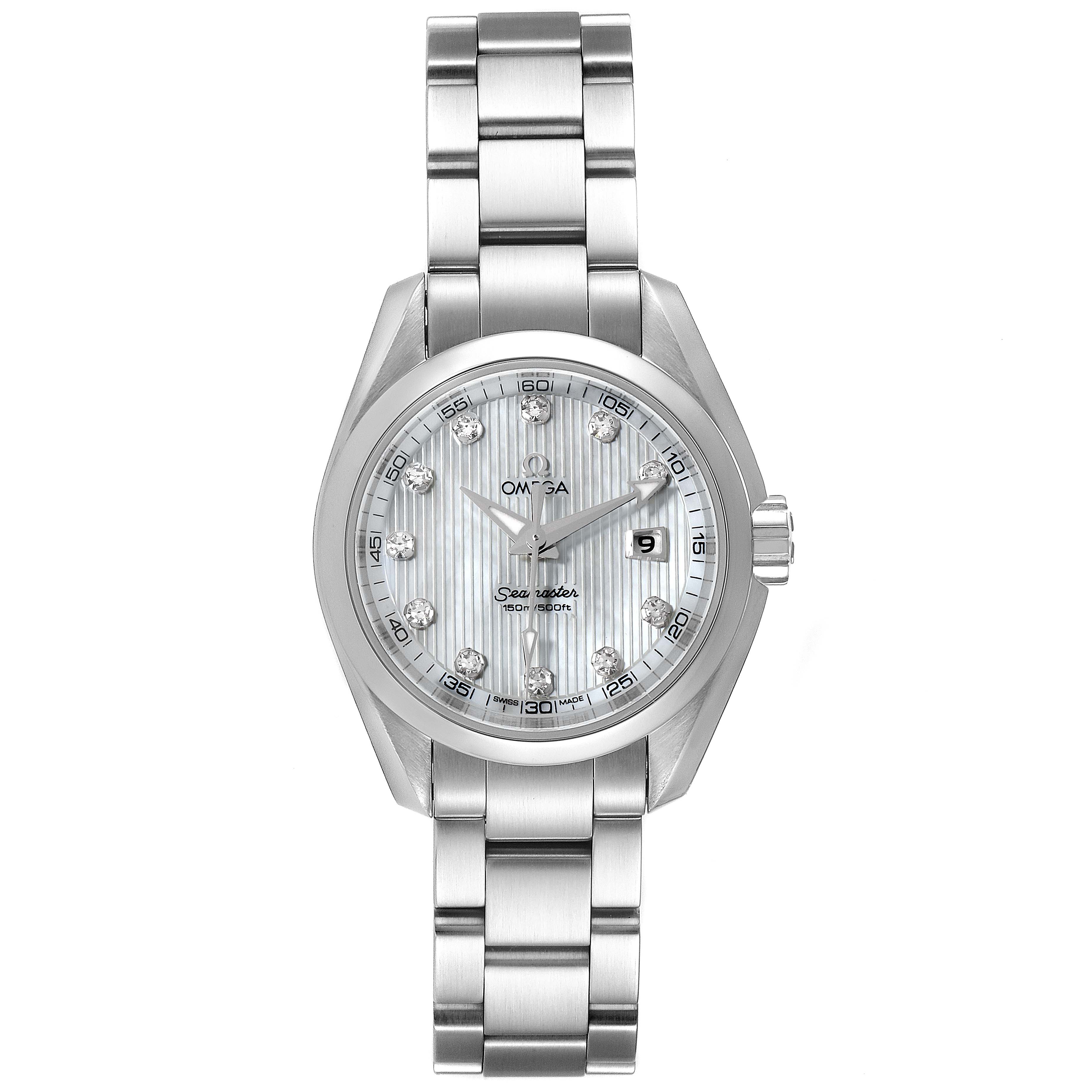 This image shows a front view of the Omega 231.10.30.61.55.001 Women
s Stainless Steel Mother of Pearl Dial 231.10.30.61.55.001 Women
s Stainless Steel Mother of Pearl Dial Aqua Terra Steel MOP Diamond Ladies Watch model 231.10.30.61.55.001.