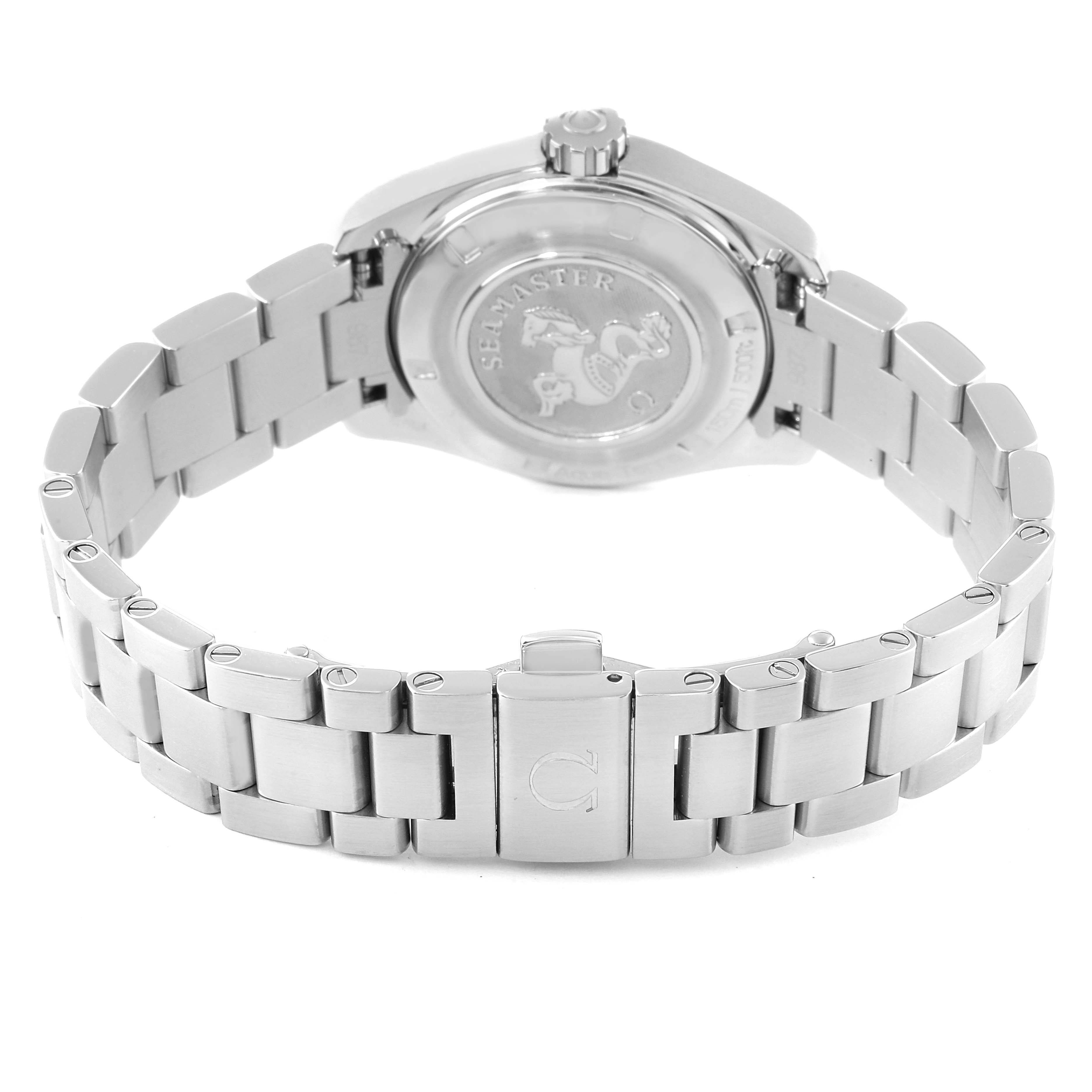 The image shows the backside and bracelet of the Omega 231.10.30.61.55.001 Women
s Stainless Steel Mother of Pearl Dial 231.10.30.61.55.001 Women
s Stainless Steel Mother of Pearl Dial Aqua Terra Steel MOP Diamond Ladies Watch, model 231.10.30.61.55.001.