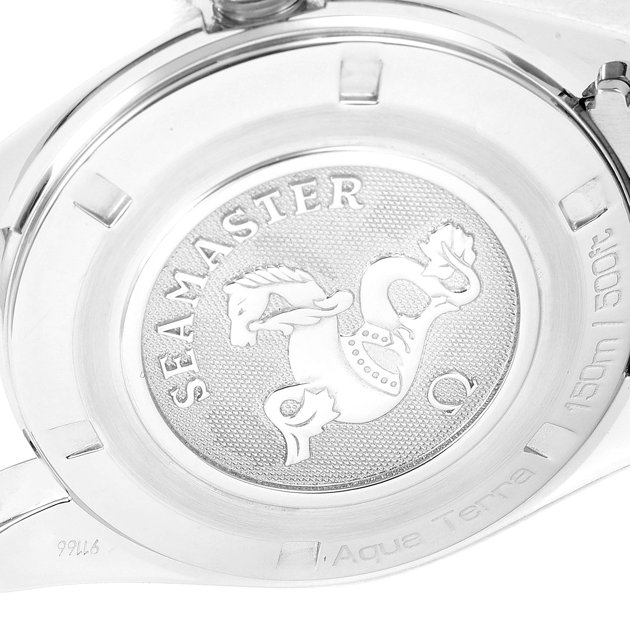 The image shows the case back of the Omega 231.10.30.61.55.001 Women
s Stainless Steel Mother of Pearl Dial 231.10.30.61.55.001 Women
s Stainless Steel Mother of Pearl Dial Aqua Terra Steel MOP Diamond Ladies Watch 231.10.30.61.55.001.