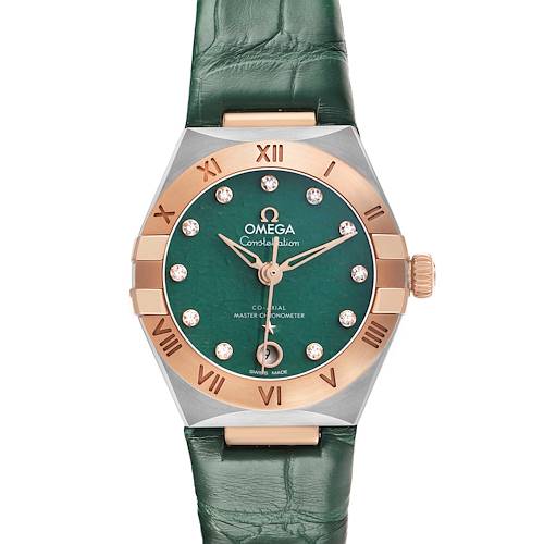 The Omega 131.23.29.20.99.001 Women's Steel and Gold (two tone) Green Dial Constellation 29 Diamond Steel Rose Gold watch is shown from a front view, highlighting its green dial and rose gold bezel.