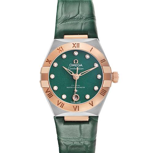The Omega 131.23.29.20.99.001 Women's Steel and Gold (two tone) Green Dial Constellation 29 Diamond Steel Rose Gold watch is shown from a top view, highlighting the bezel, dial, and strap.