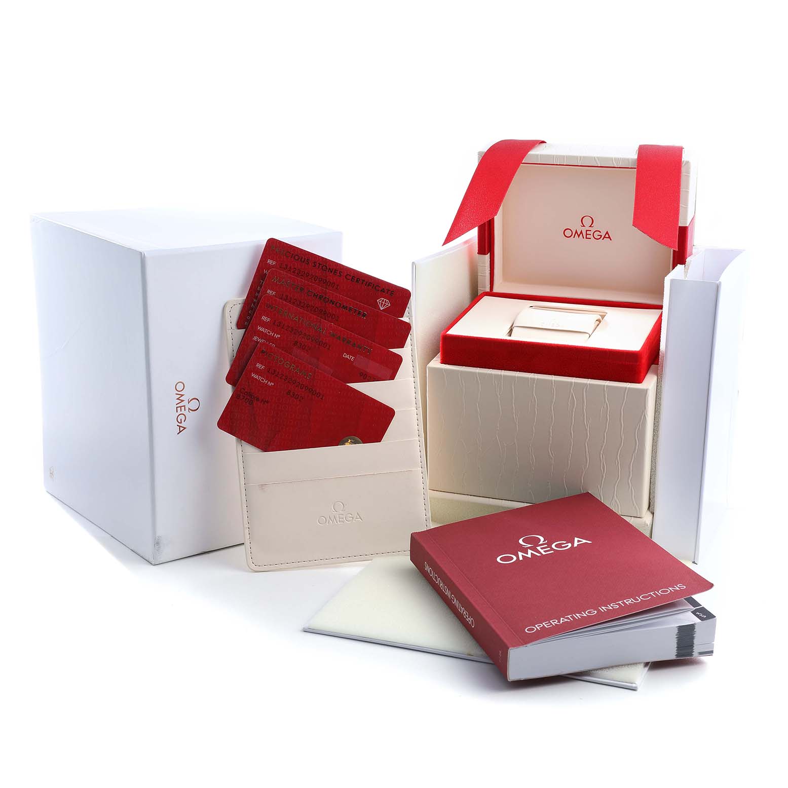 The image shows the packaging, operating instructions, and warranty cards for the Omega 131.23.29.20.99.001 Women's Steel and Gold (two tone) Green Dial Constellation 29 Diamond Steel Rose Gold model.