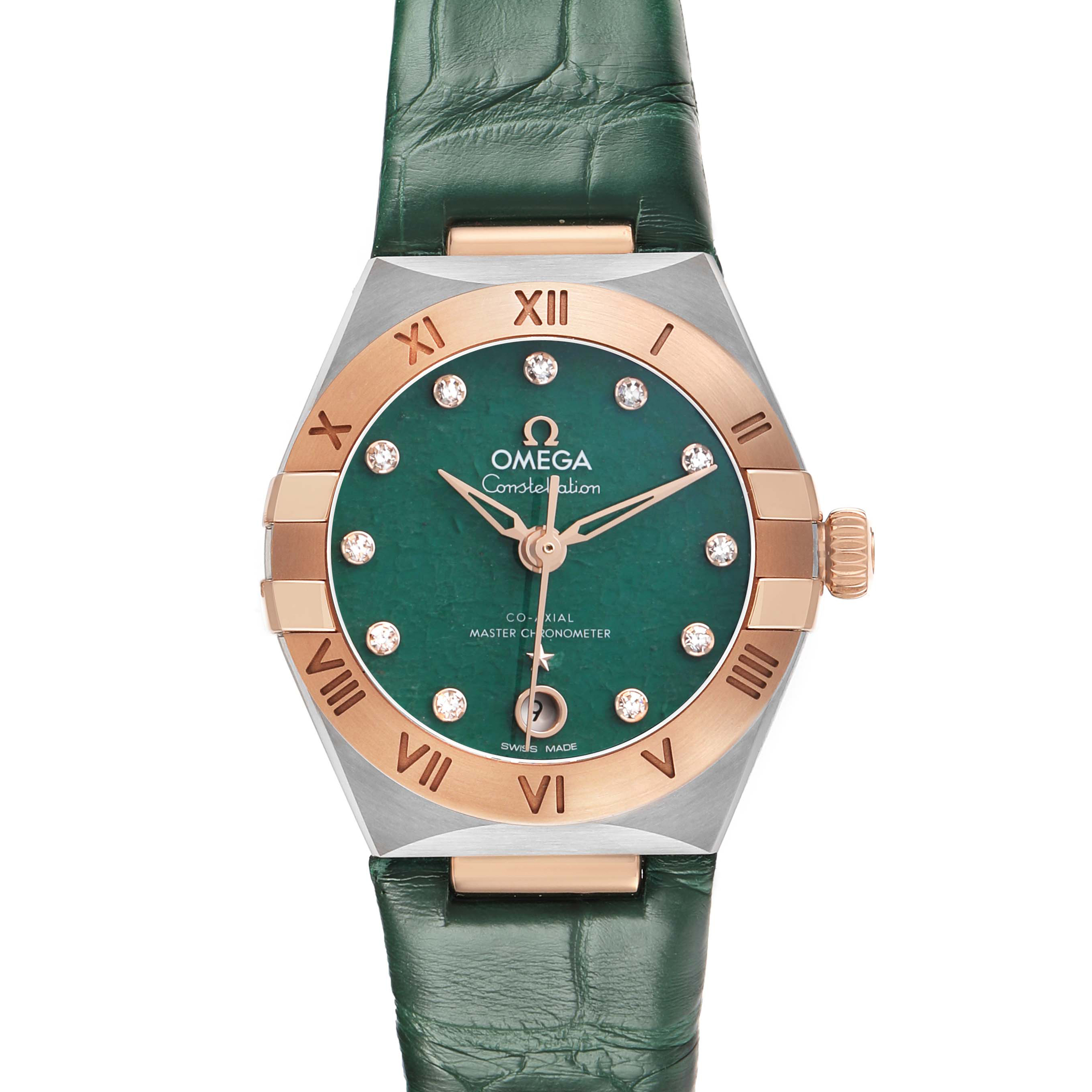 The Omega 131.23.29.20.99.001 Women's Steel and Gold (two tone) Green Dial Constellation 29 Diamond Steel Rose Gold watch is shown from the front, highlighting its green dial and rose gold bezel.