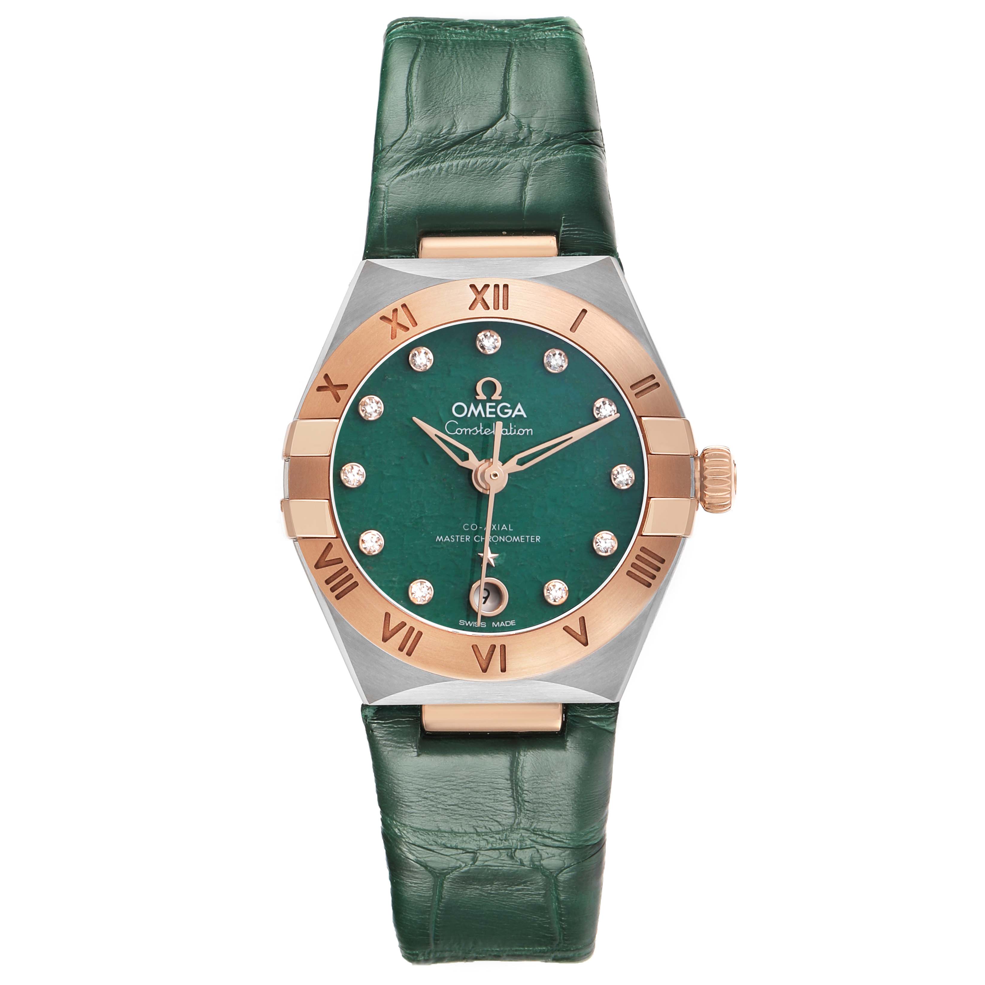 The Omega 131.23.29.20.99.001 Women's Steel and Gold (two tone) Green Dial Constellation 29 Diamond Steel Rose Gold model is shown from the front, highlighting its green dial and diamond indices.
